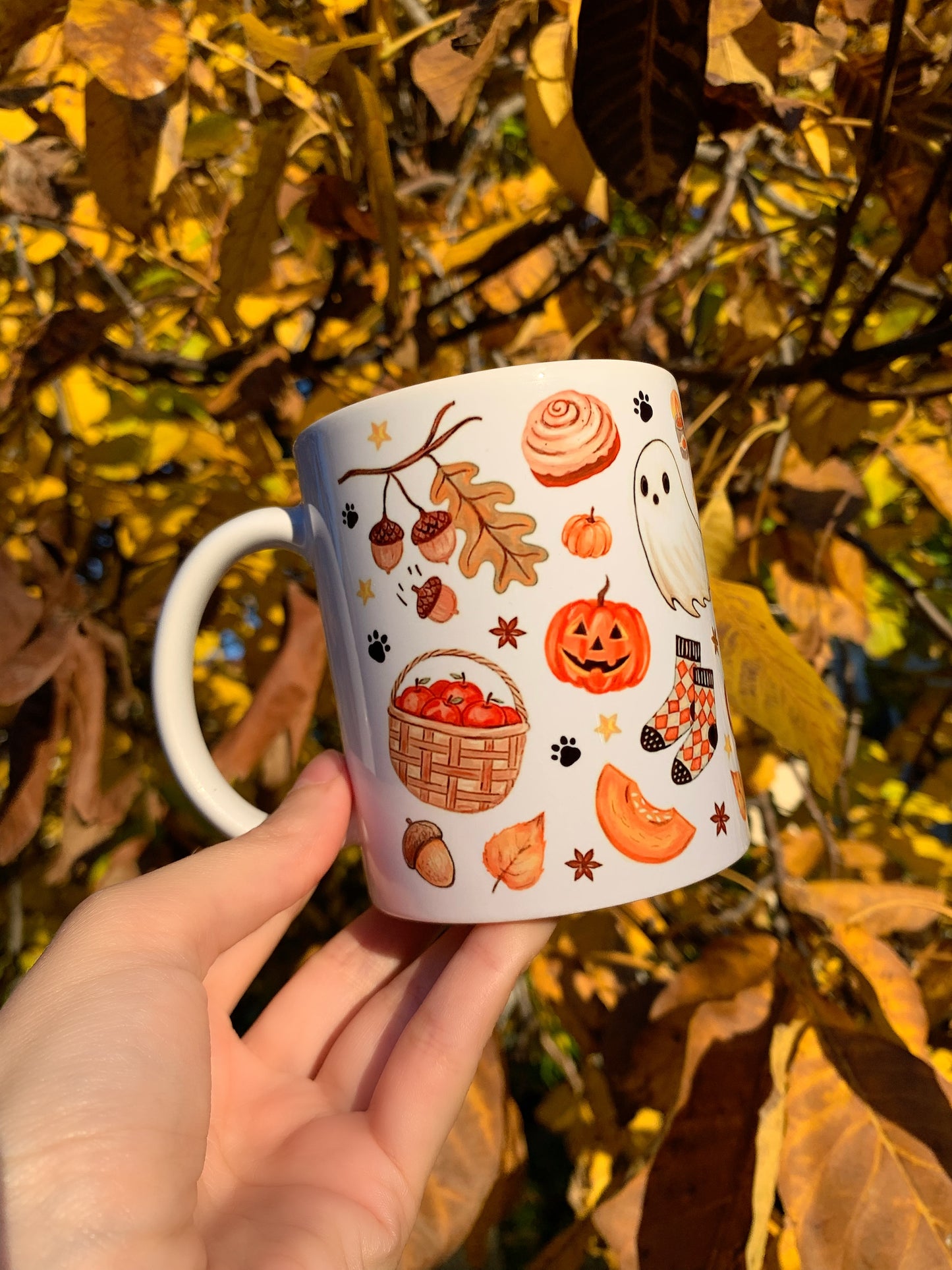 Halloween Tacskós bögre - Kézzel festett Tacskó Halloweeni Pumpkin és őszi szellemes leveles mintával