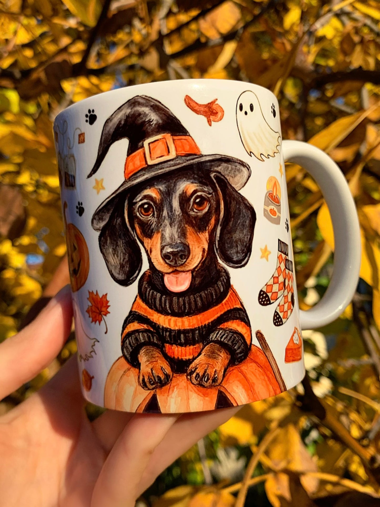 Halloween Tacskós bögre - Kézzel festett Cser Tacskó Halloweeni szellem tök boszi mintával