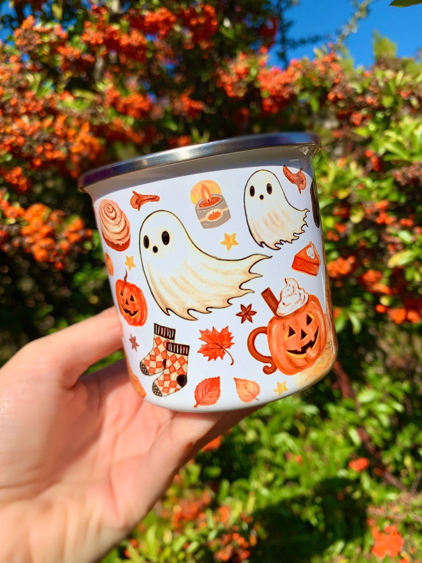 Halloweeni Tacskós fém bögre - Kézzel festett Tacskó Halloweeni Szellem és Pumpkin őszi mintával