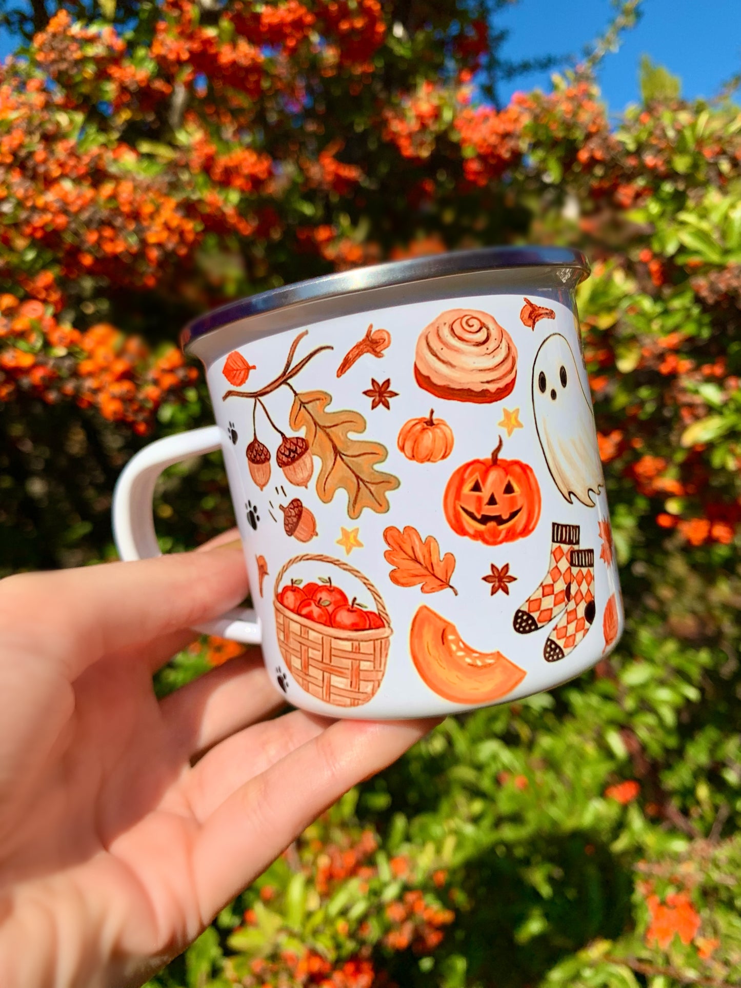 Halloweeni Tacskós fém bögre - Kézzel festett Tacskó Halloweeni Szellem és Pumpkin őszi mintával