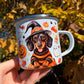 Halloweeni Tacskós fém bögre - Kézzel festett Tacskó Halloweeni Pumpkin és Boszis szellemes őszi mintával