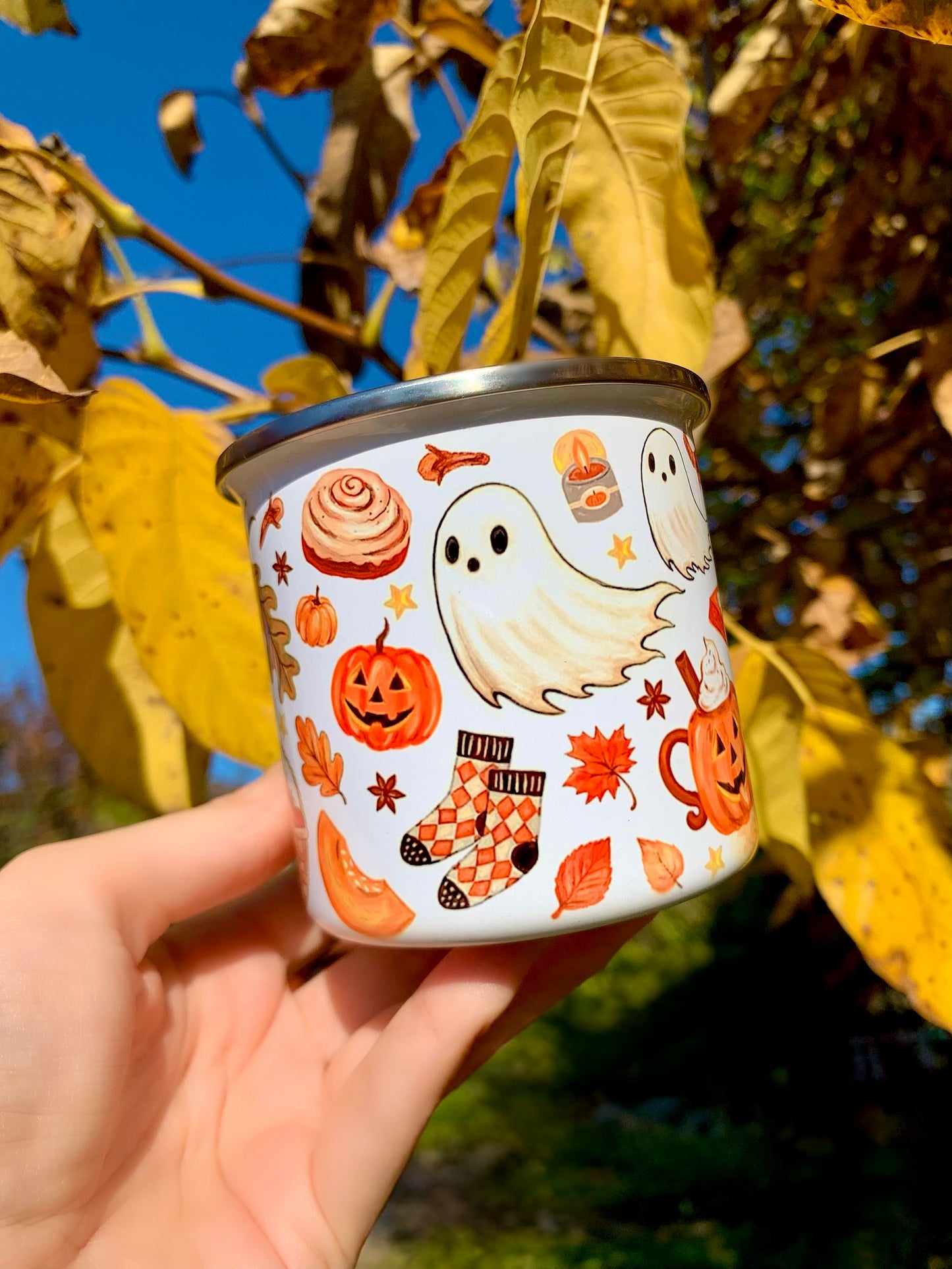 Halloweeni Tacskós fém bögre - Kézzel festett Tacskó Halloweeni Szellem és Pumpkin őszi mintával