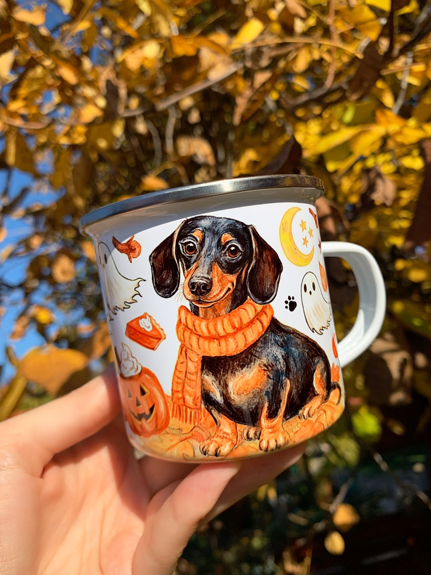 Halloweeni Tacskós fém bögre - Kézzel festett Tacskó Halloweeni Szellem és Pumpkin őszi mintával