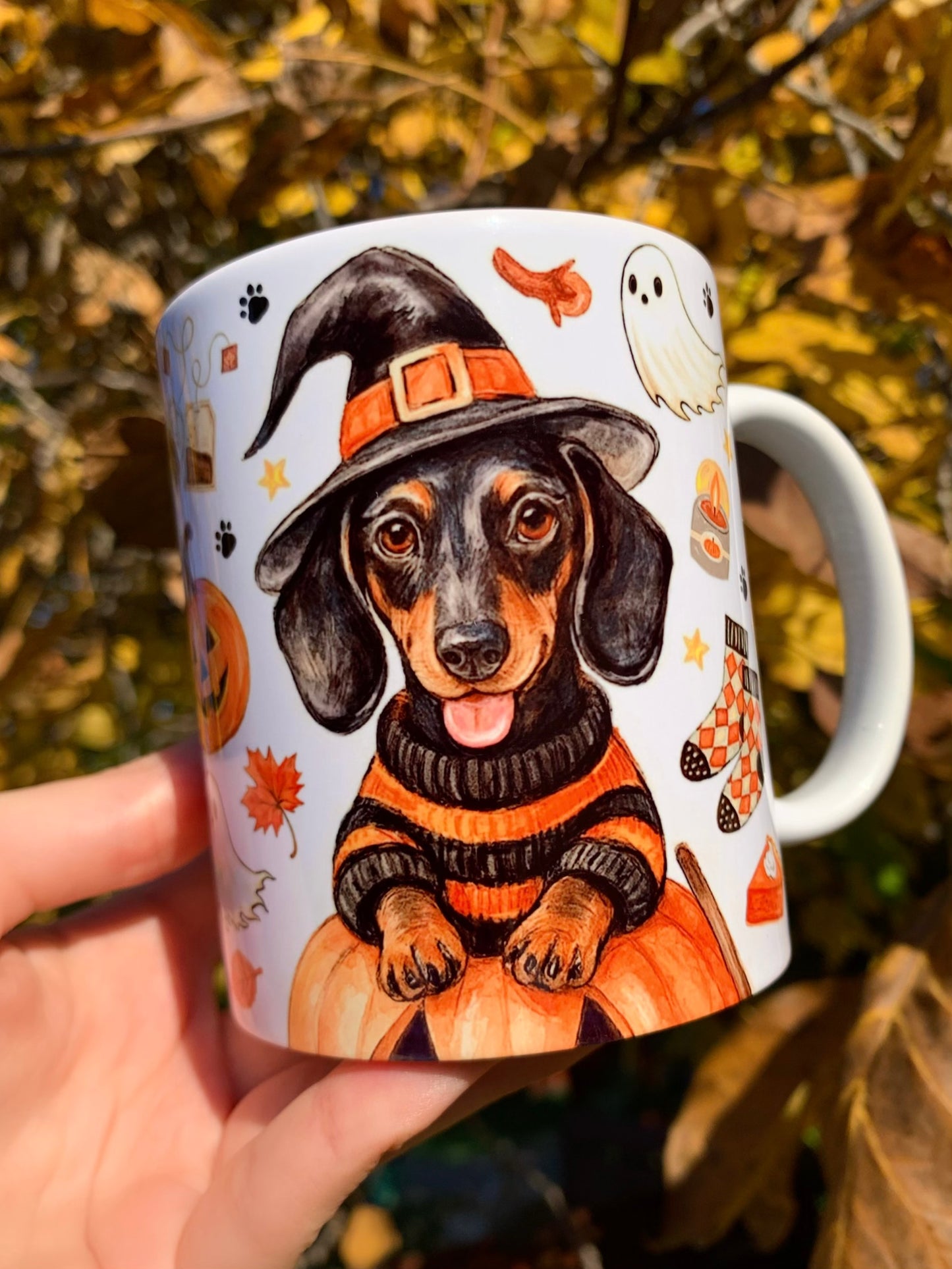 Halloween Tacskós bögre - Kézzel festett Cser Tacskó Halloweeni szellem tök boszi mintával