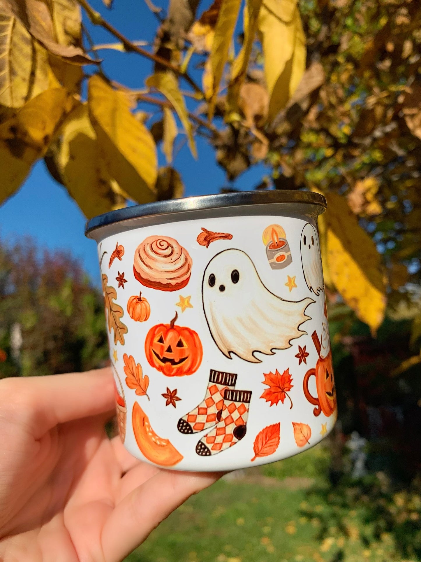 Halloweeni Tacskós fém bögre - Kézzel festett Tacskó Halloweeni Szellem és Pumpkin őszi mintával