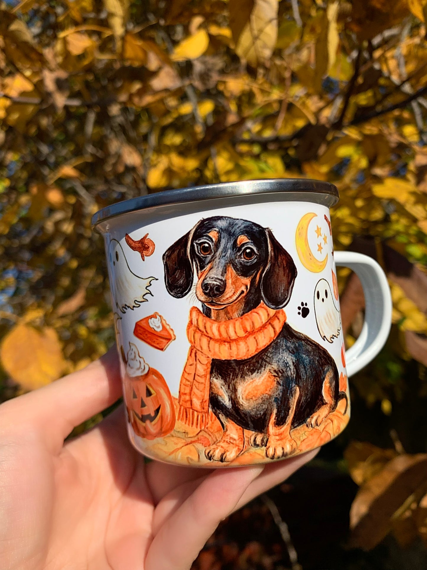 Halloweeni Tacskós fém bögre - Kézzel festett Tacskó Halloweeni Szellem és Pumpkin őszi mintával