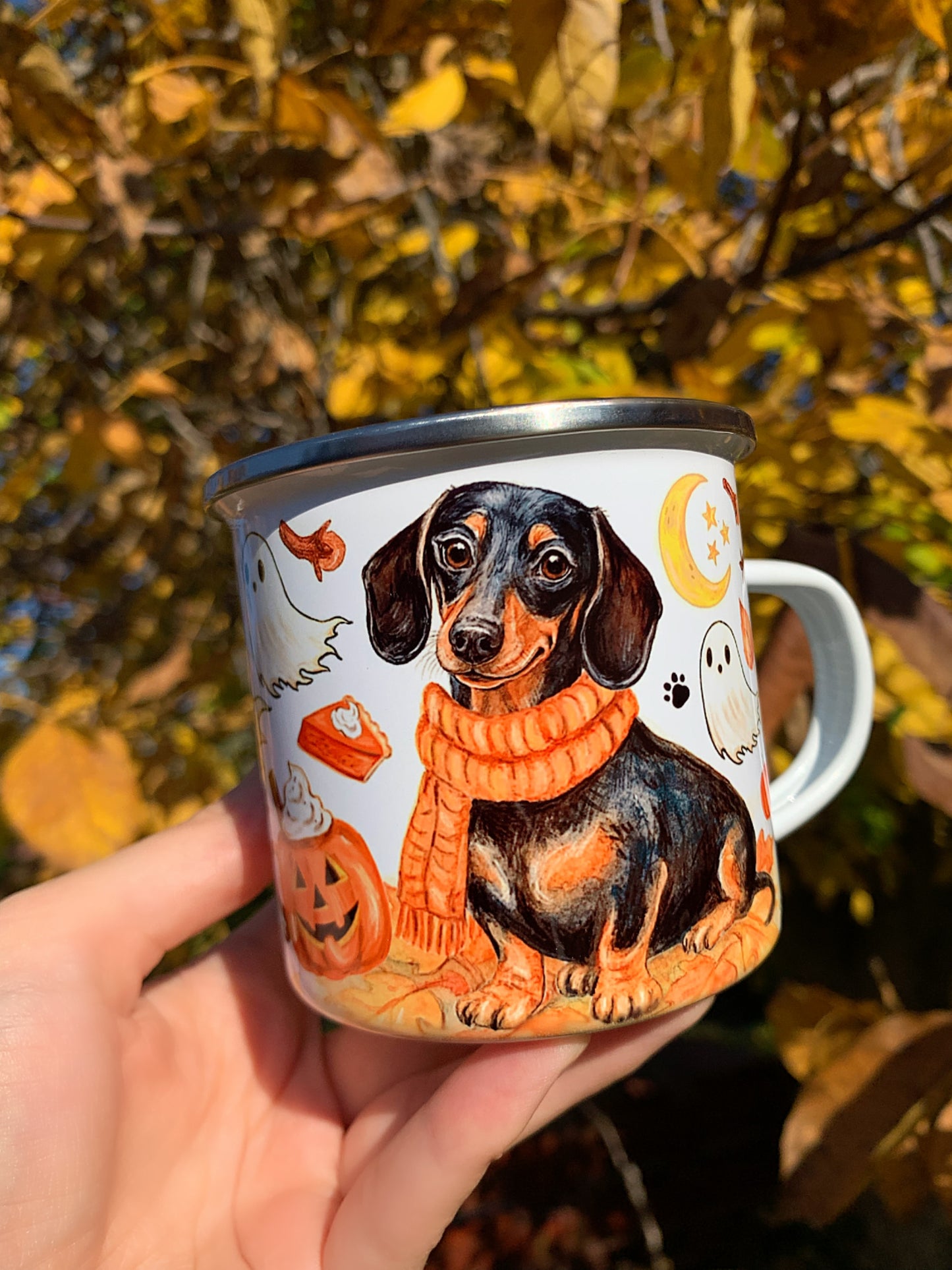 Halloweeni Tacskós fém bögre - Kézzel festett Tacskó Halloweeni Szellem és Pumpkin őszi mintával