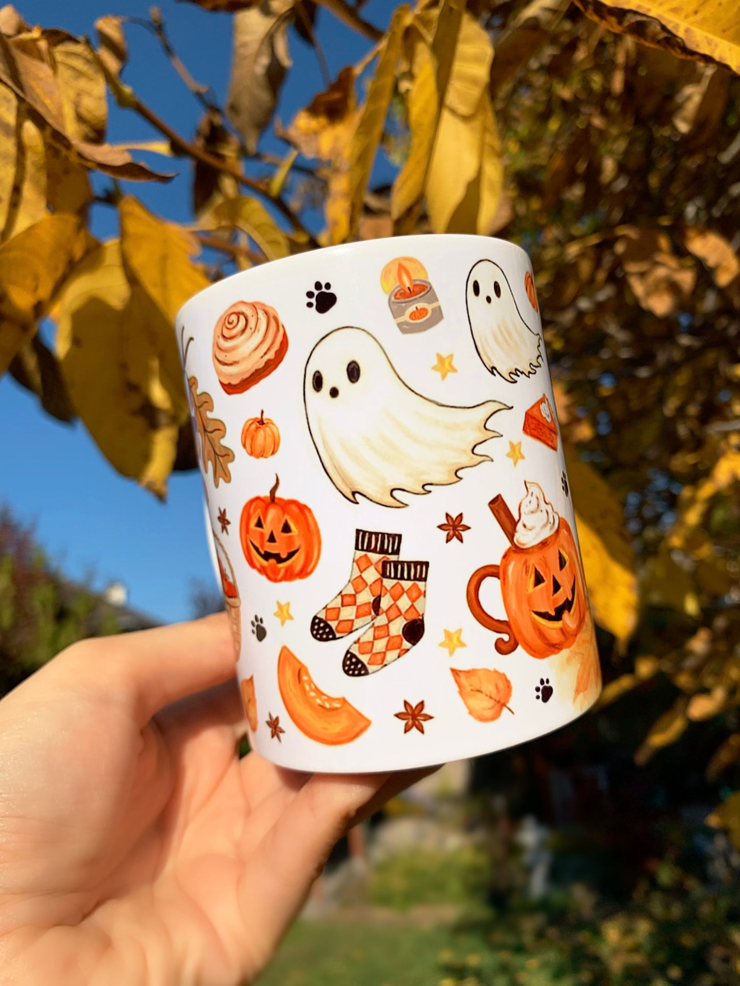 Halloween Tacskós bögre - Kézzel festett Tacskó Halloweeni Pumpkin és őszi szellemes leveles mintával