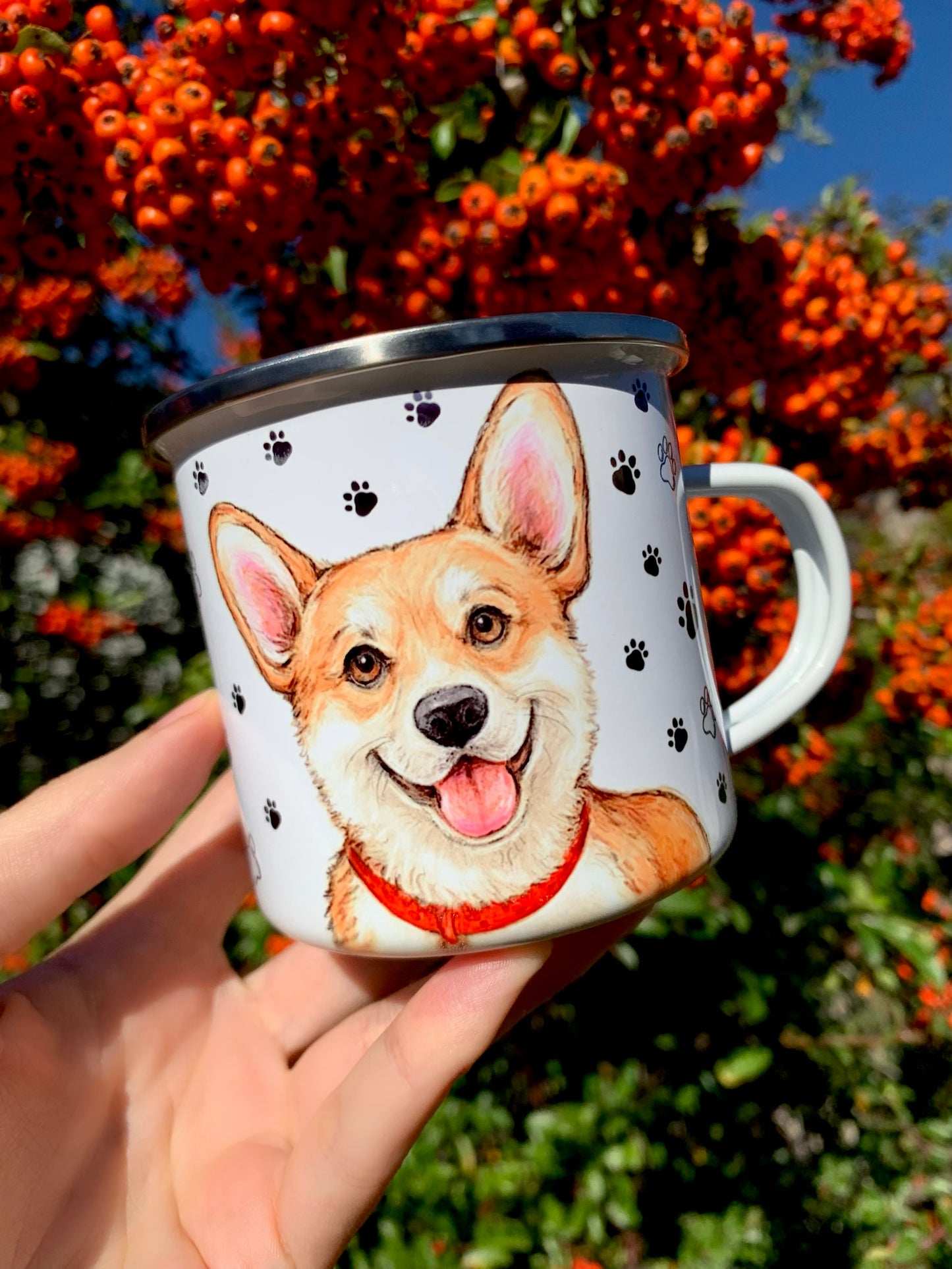 Corgi kutyás fém bögre - Kézzel festett Corgi kutya és választható háttér mintákkal