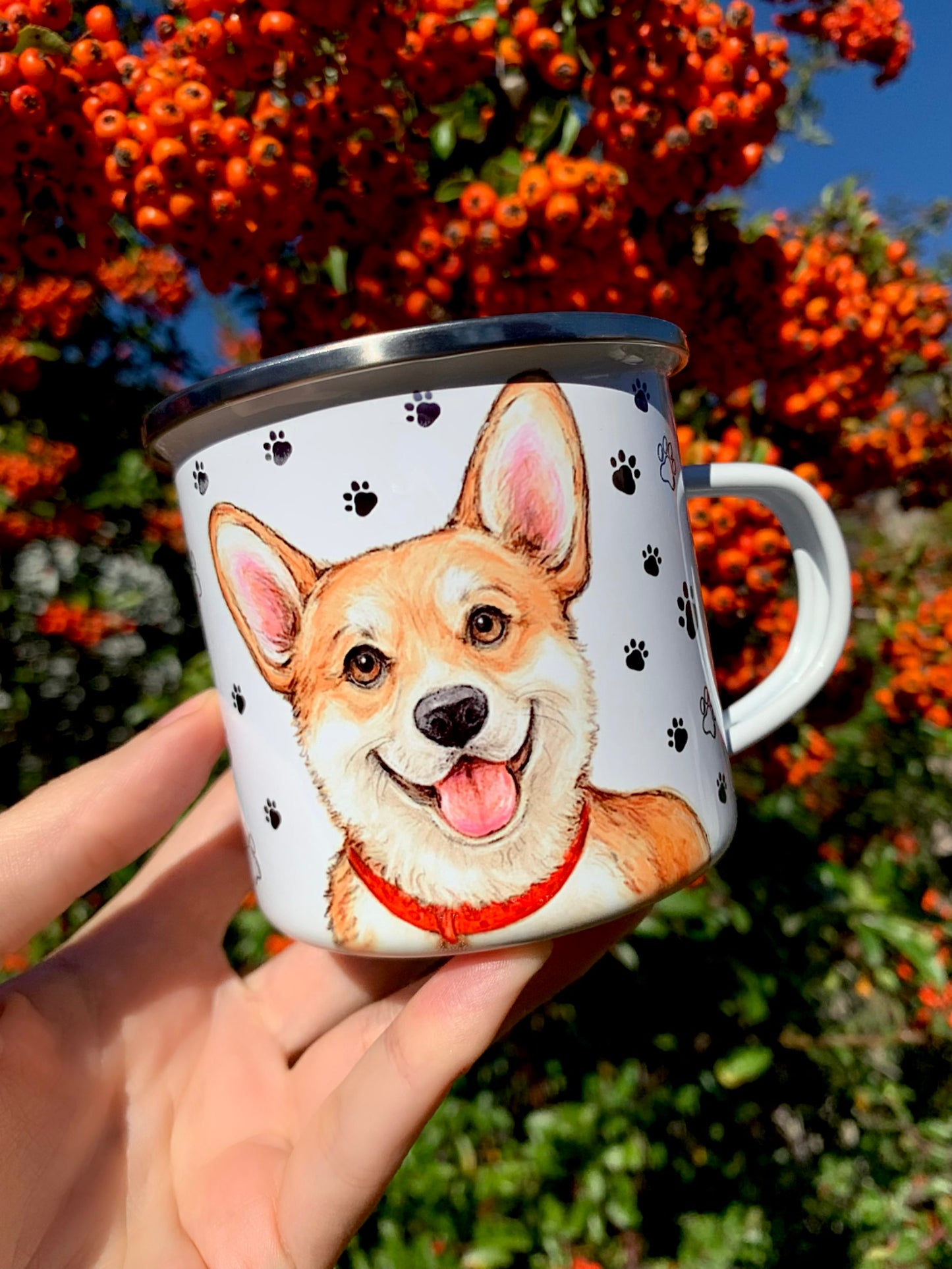 Corgi kutyás fém bögre - Kézzel festett Corgi kutya és választható háttér mintákkal