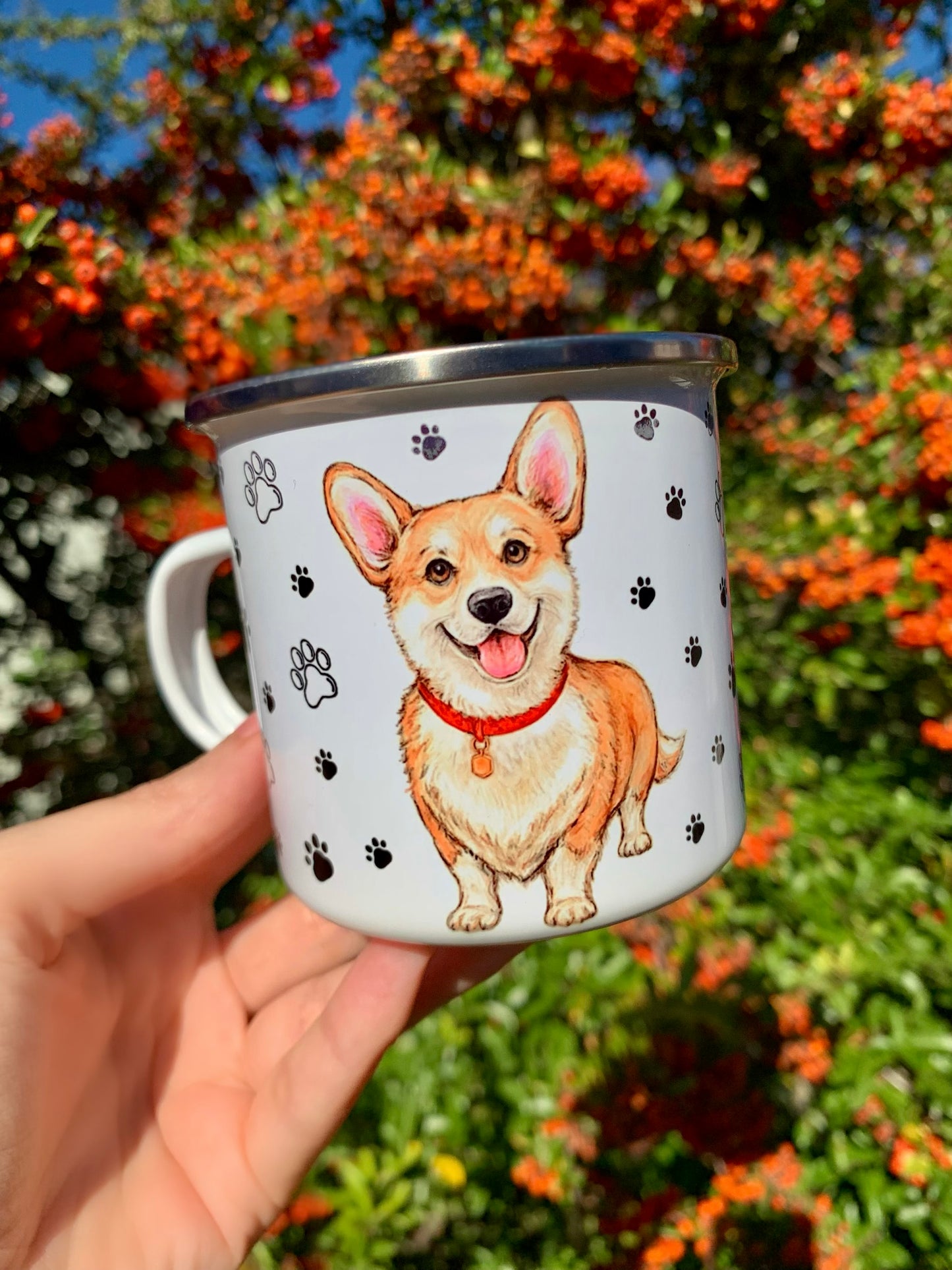 Corgi kutyás fém bögre - Kézzel festett Corgi kutya és választható háttér mintákkal