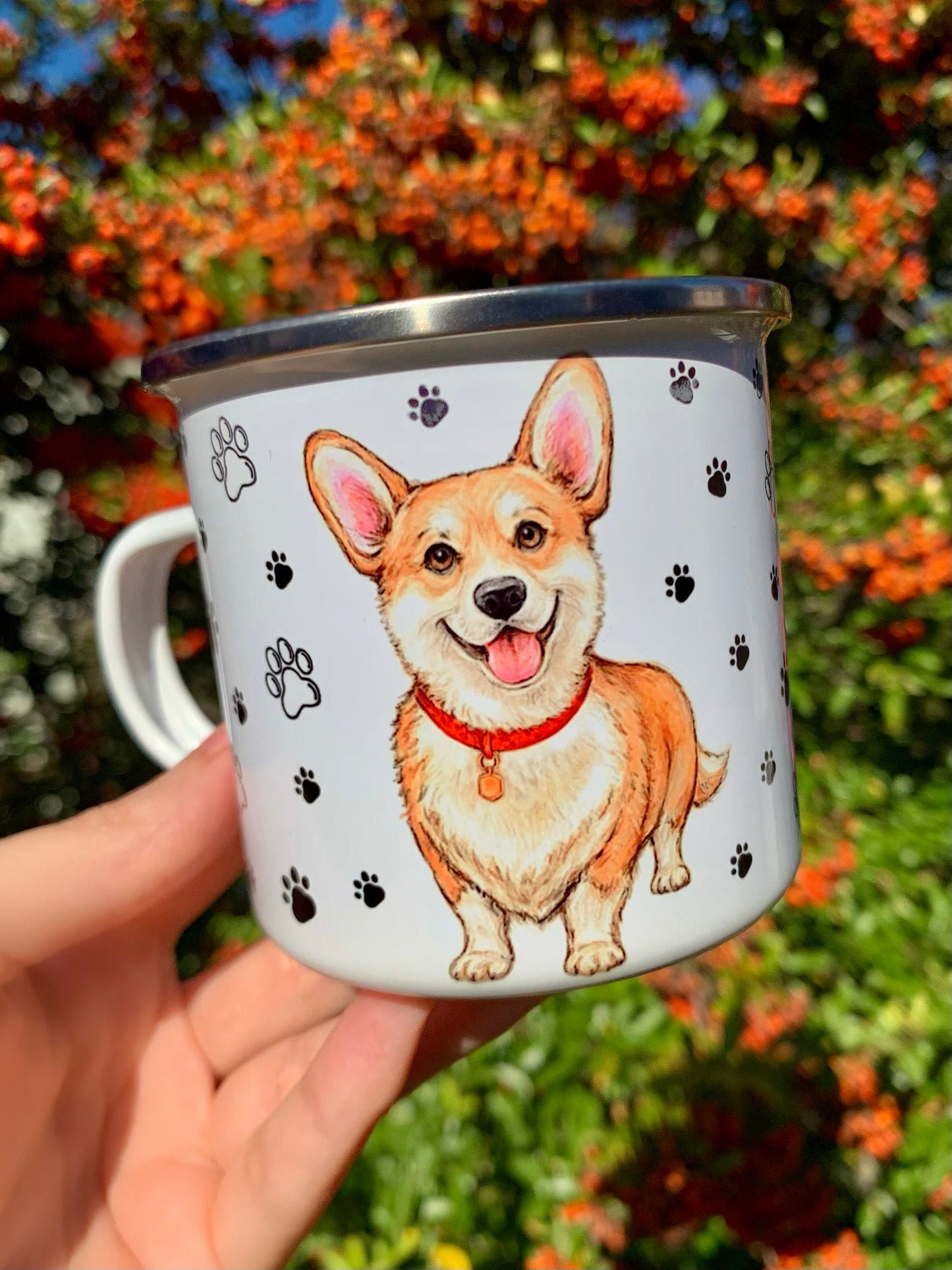 Corgi kutyás fém bögre - Kézzel festett Corgi kutya és választható háttér mintákkal