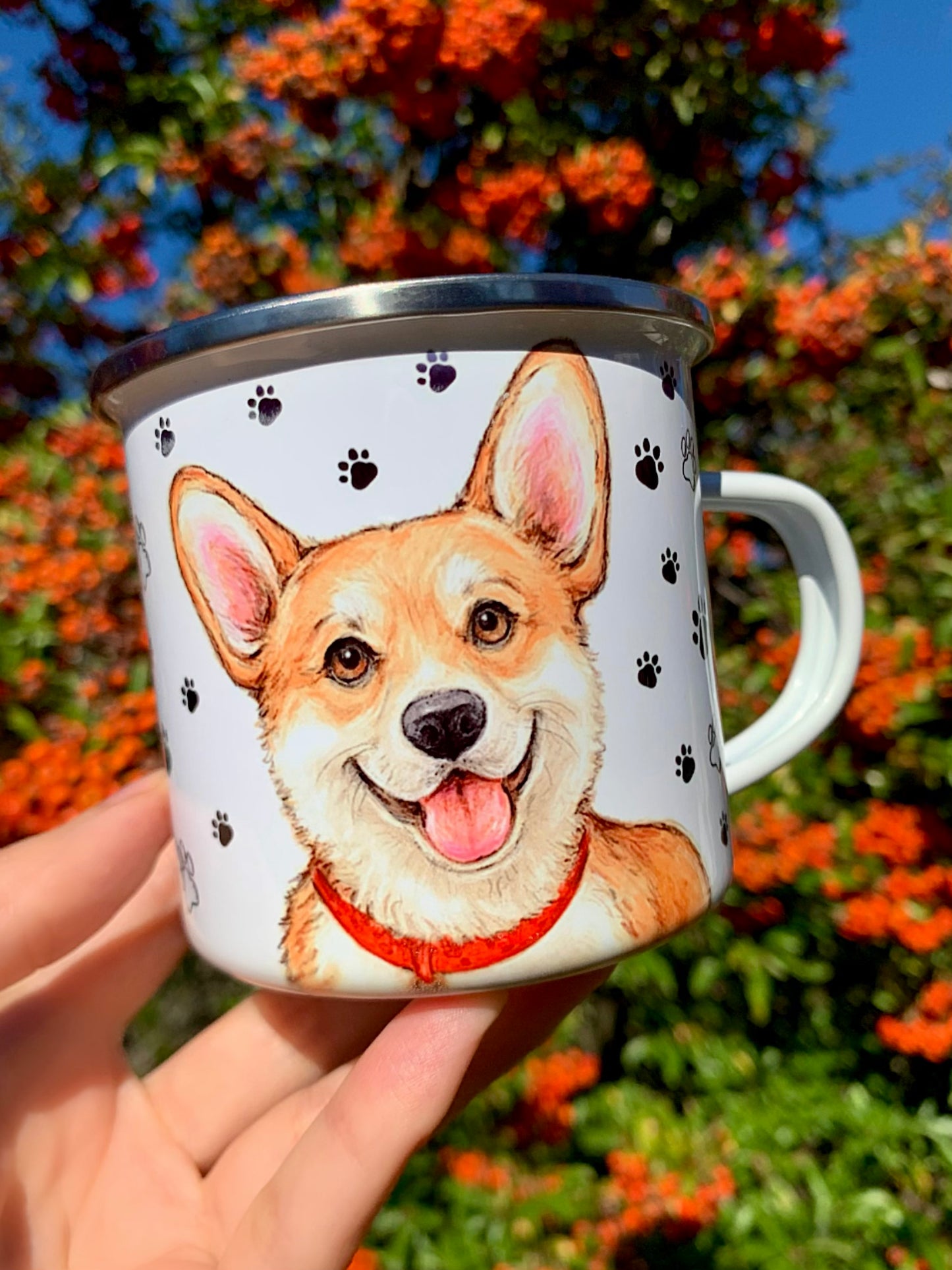 Corgi kutyás fém bögre - Kézzel festett Corgi kutya és választható háttér mintákkal