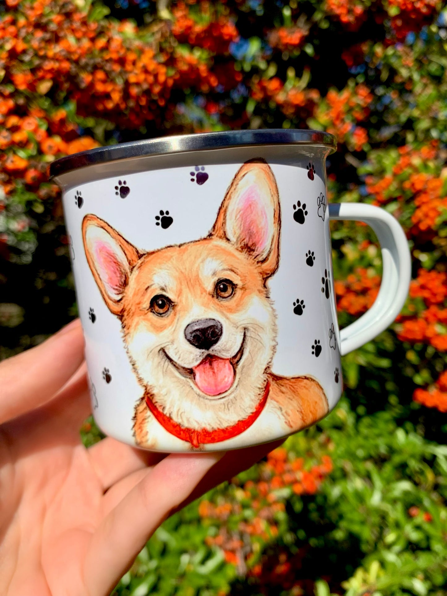 Corgi kutyás fém bögre - Kézzel festett Corgi kutya és választható háttér mintákkal