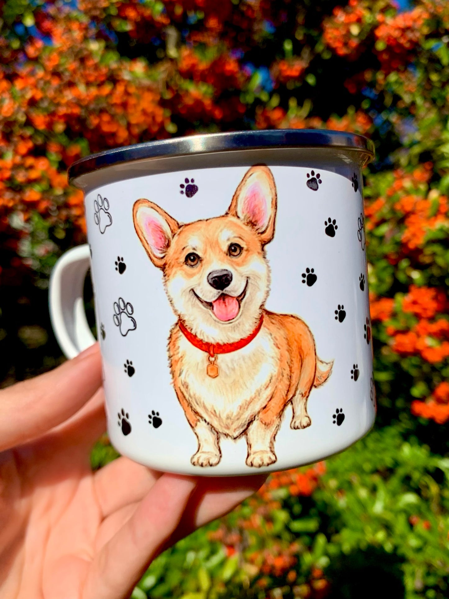 Corgi kutyás fém bögre - Kézzel festett Corgi kutya és választható háttér mintákkal