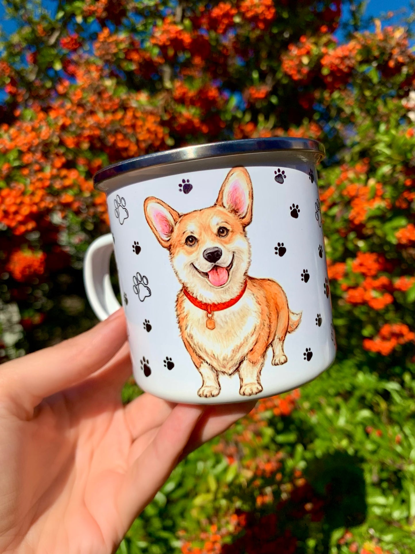 Corgi kutyás fém bögre - Kézzel festett Corgi kutya és választható háttér mintákkal