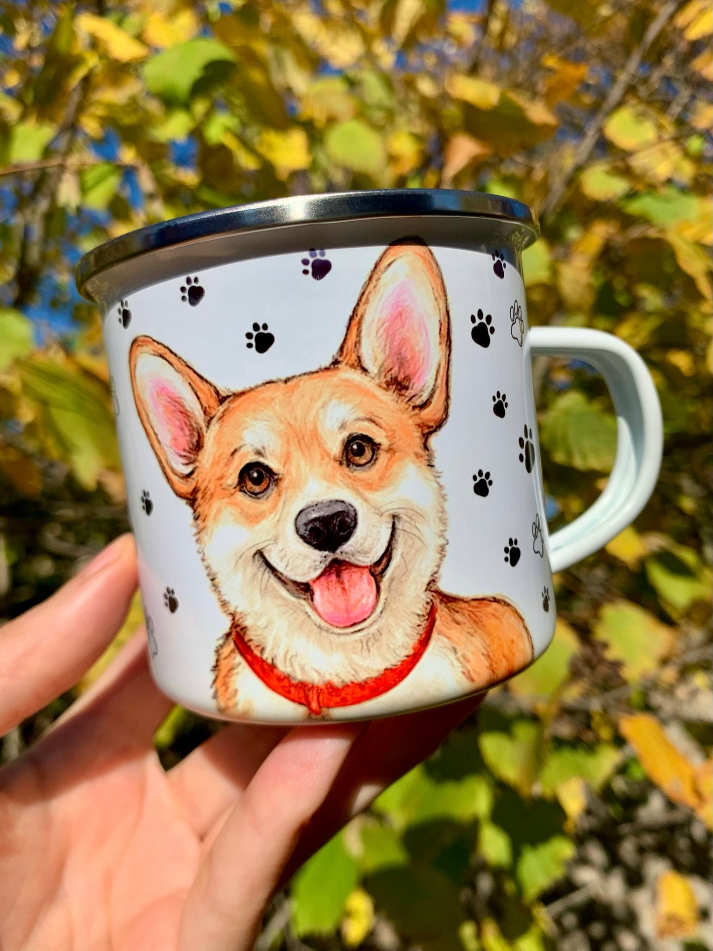 Corgi kutyás fém bögre - Kézzel festett Corgi kutya és választható háttér mintákkal