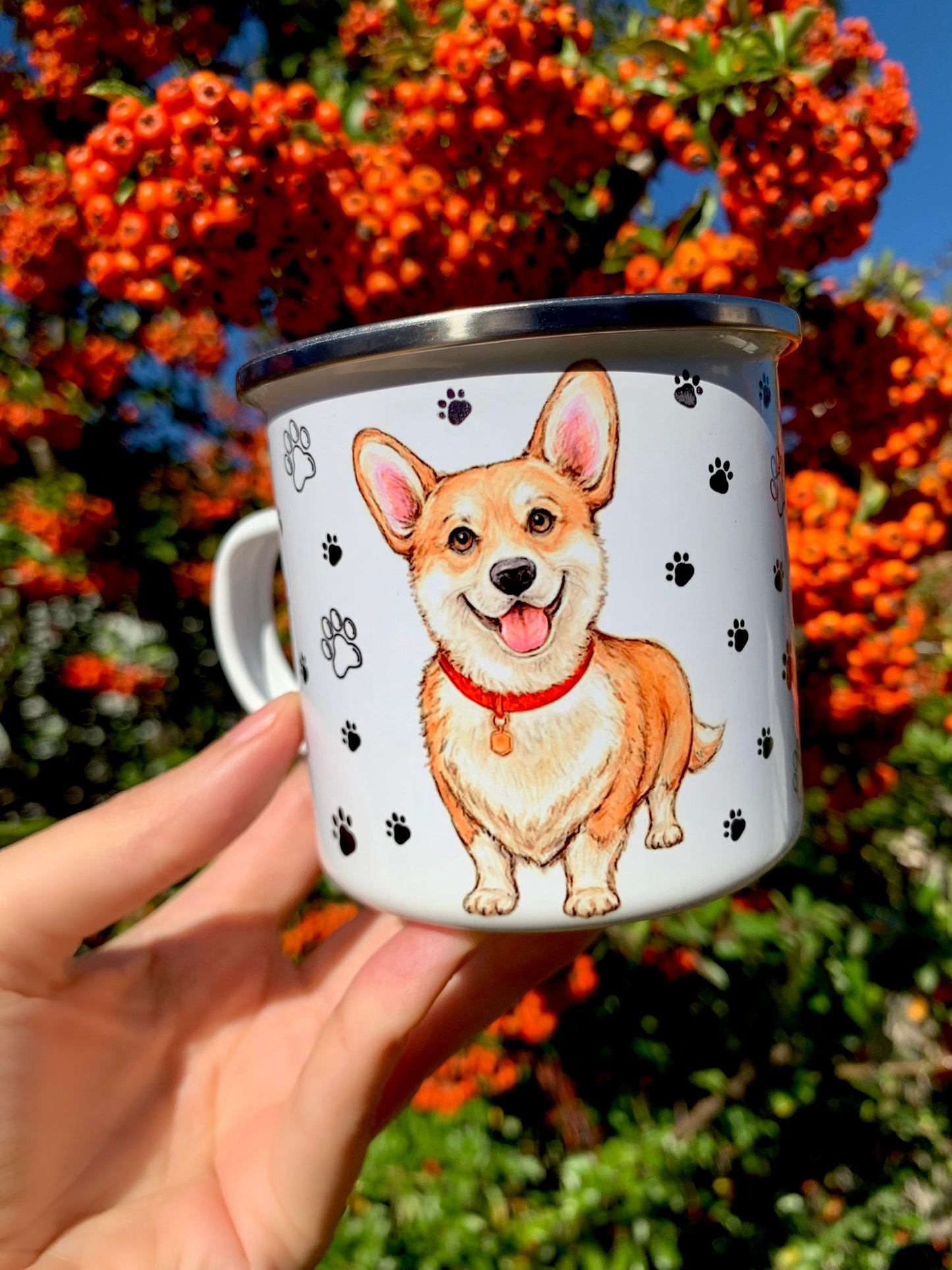 Corgi kutyás fém bögre - Kézzel festett Corgi kutya és választható háttér mintákkal