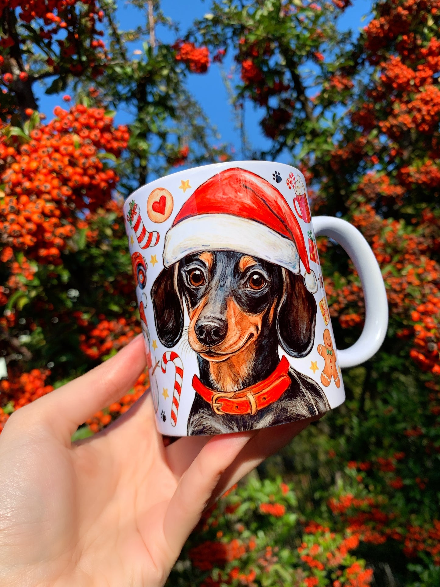 Karácsonyi tacskó illusztrációval díszített kerámia bögre kézzel rajzolt részletekkel. A meleg akvarellszínek és a piros–fehér motívumok ünnepi atmoszférát teremtenek. Letisztult, szerethető kutyás minta.