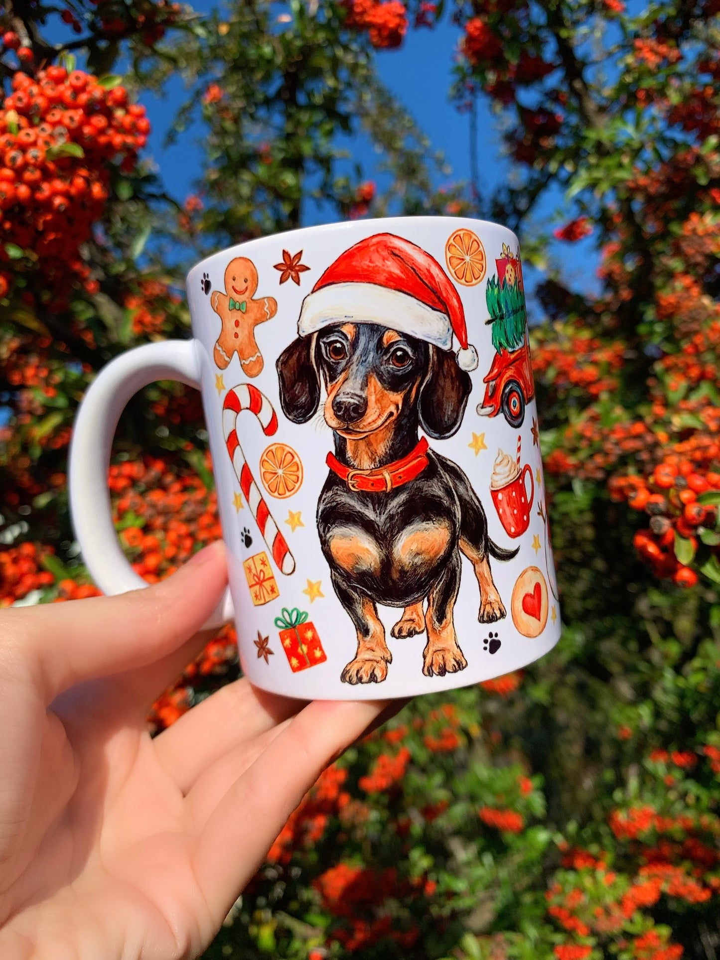 Karácsonyi Tacskós bögre - Kézzel festett Tacskó piros nyakörv és karácsonyi mintával