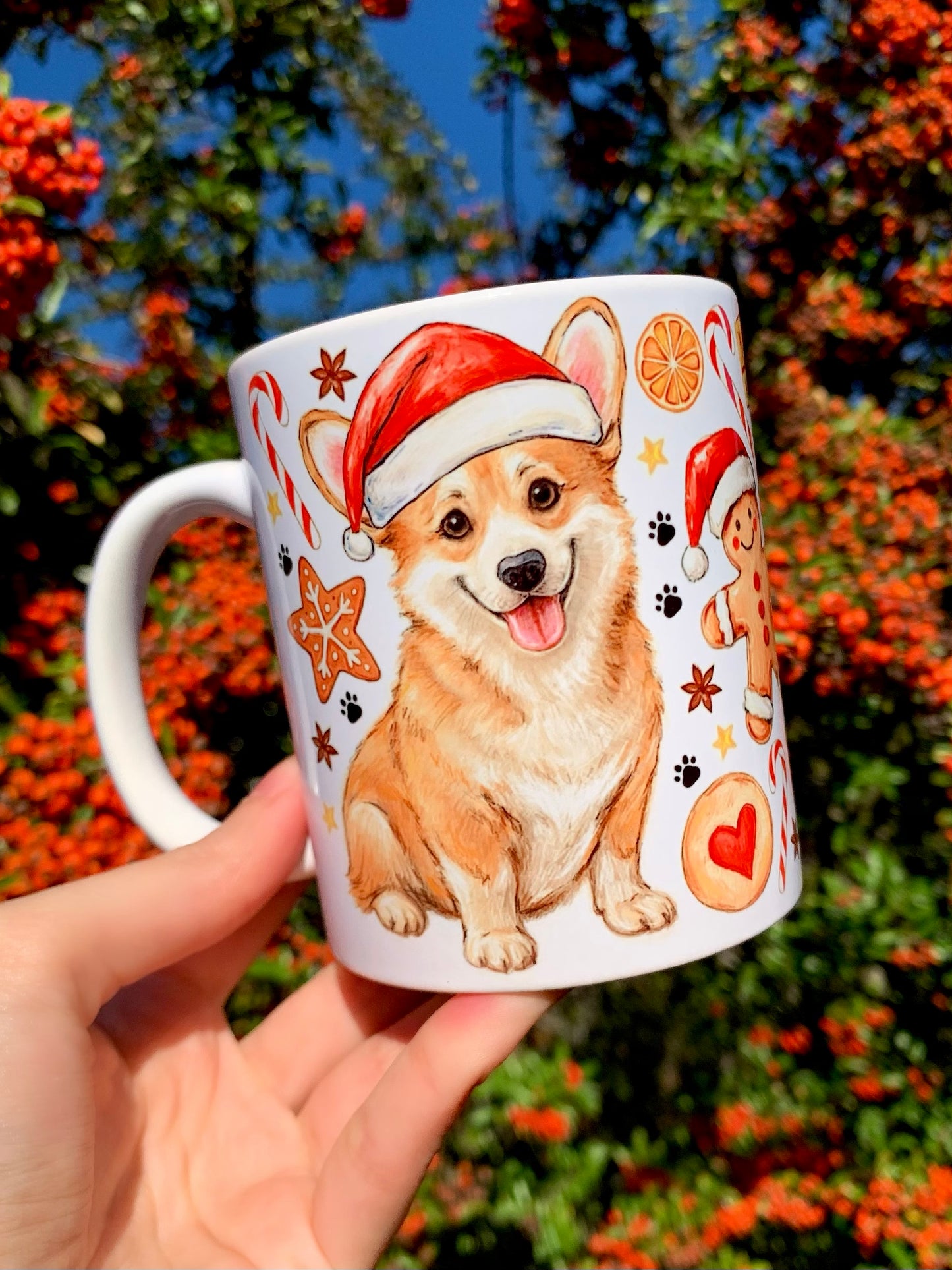 Karácsonyi Corgi kutya bögre - Kézzel festett Corgi kutya és karácsonyi mintával