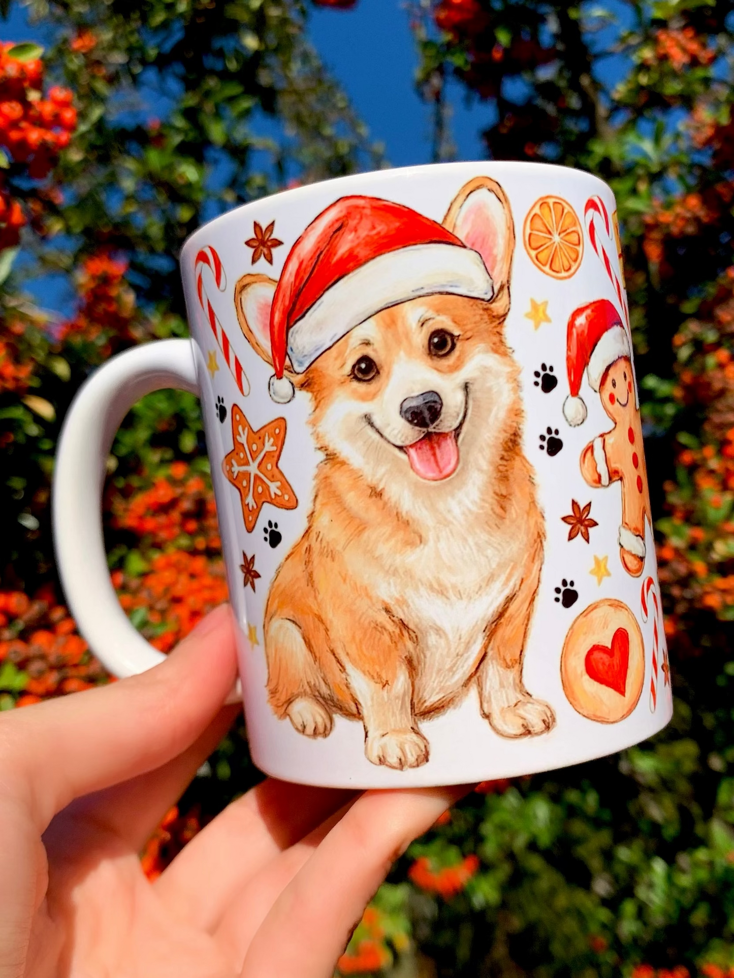 Karácsonyi Corgi kutya bögre - Kézzel festett Corgi kutya és karácsonyi mintával