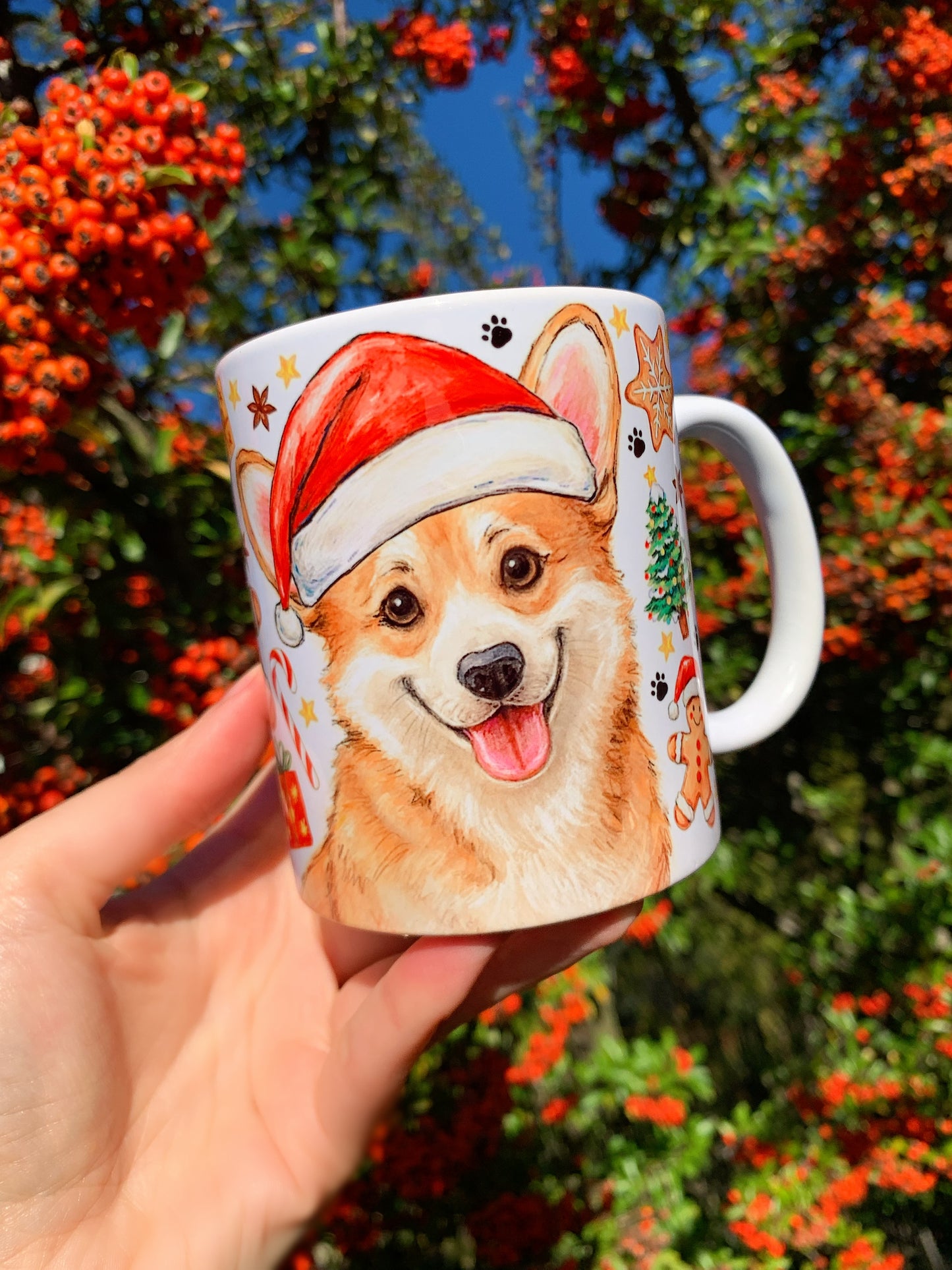 Karácsonyi Corgi kutya bögre - Kézzel festett Corgi kutya és karácsonyi mintával