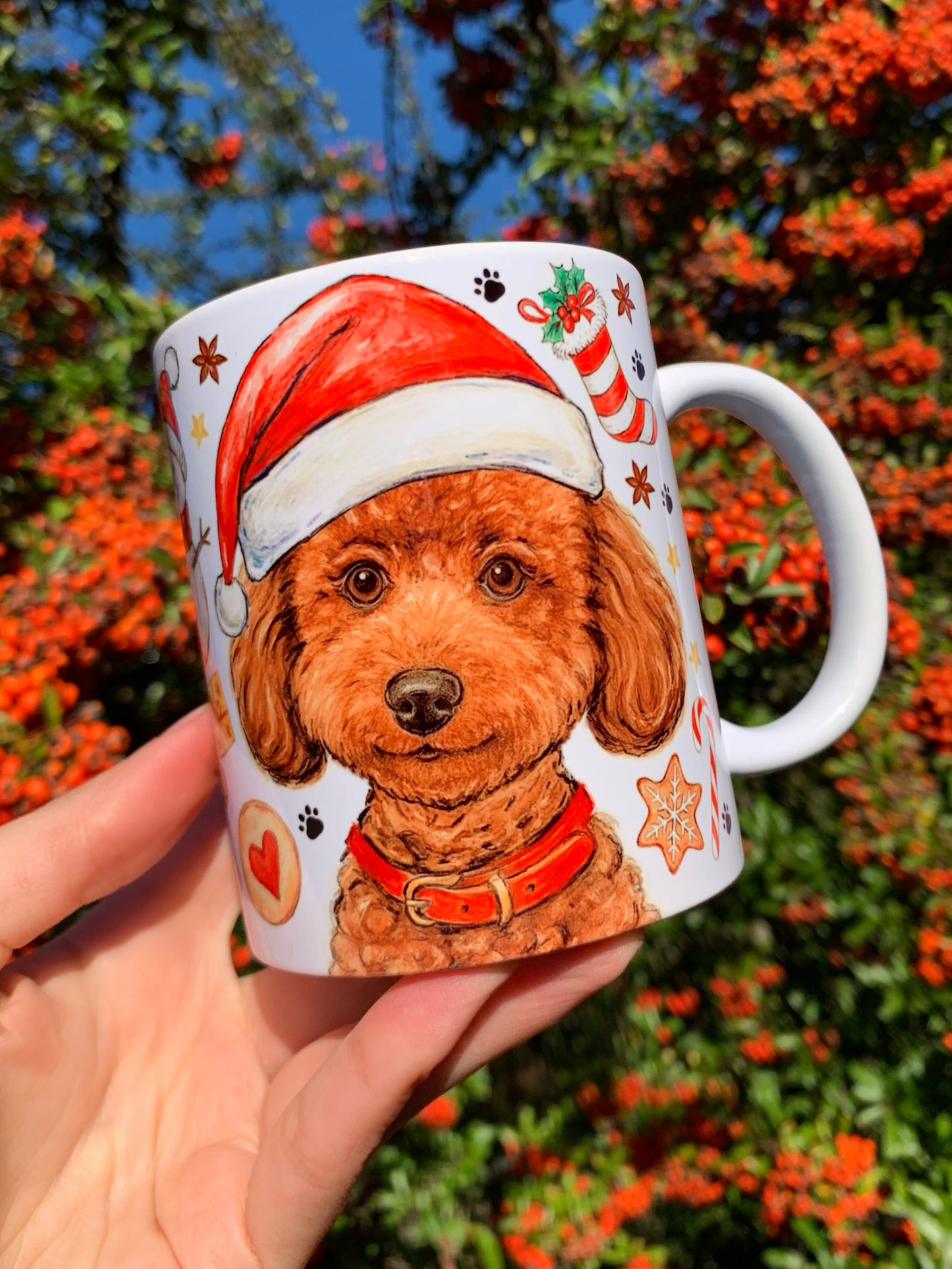 Karácsonyi Toy Pudle bögre - Kézzel festett Toy Uszkár kutya és karácsonyi mintával