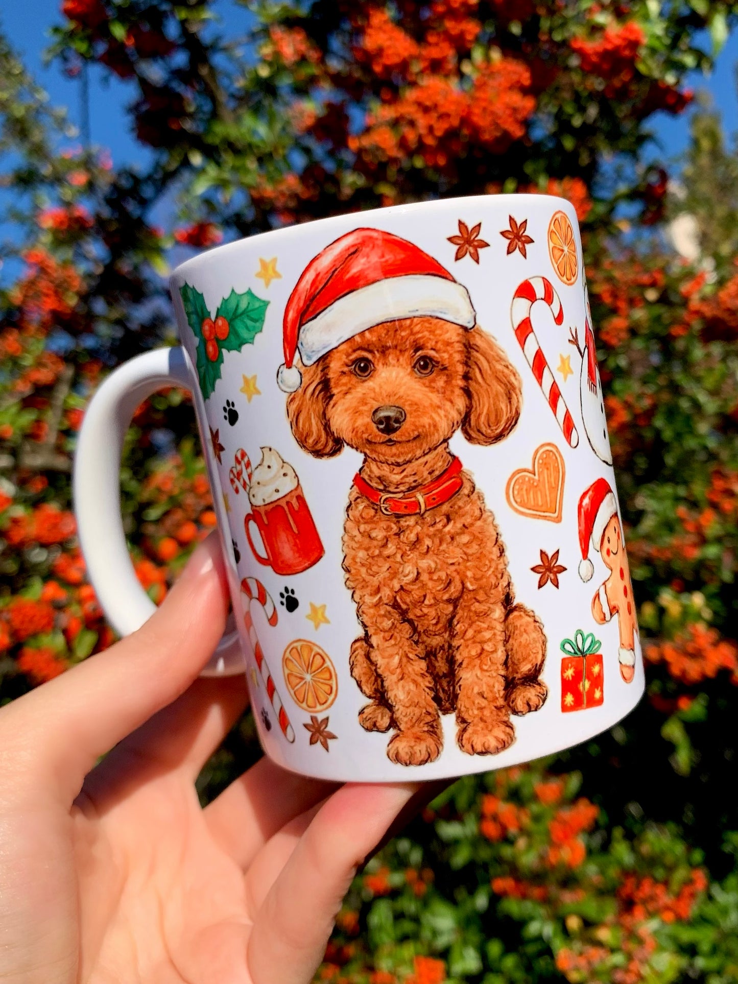 Karácsonyi Toy Pudle bögre - Kézzel festett Toy Uszkár kutya és karácsonyi mintával