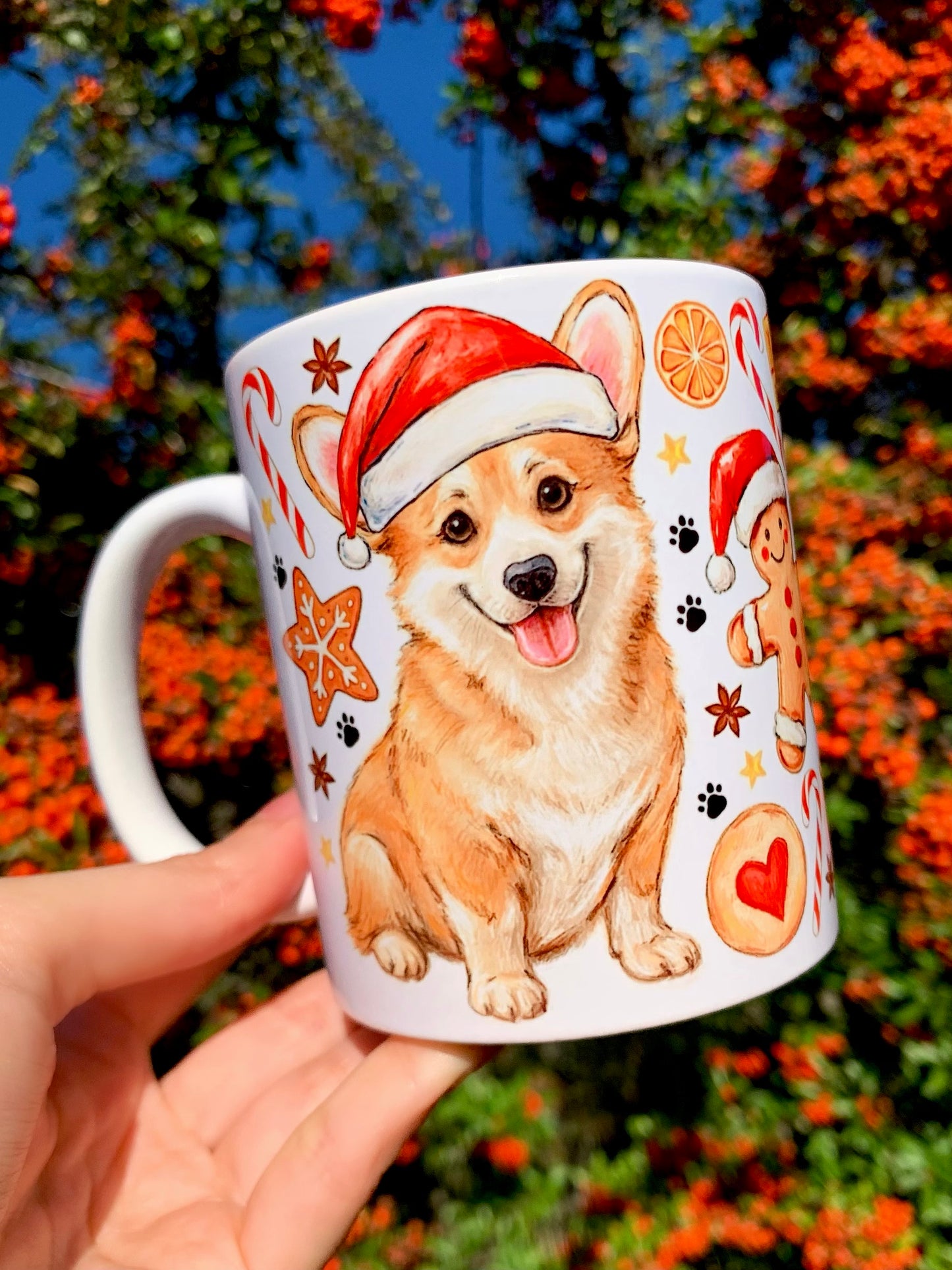 Karácsonyi Corgi kutya bögre - Kézzel festett Corgi kutya és karácsonyi mintával