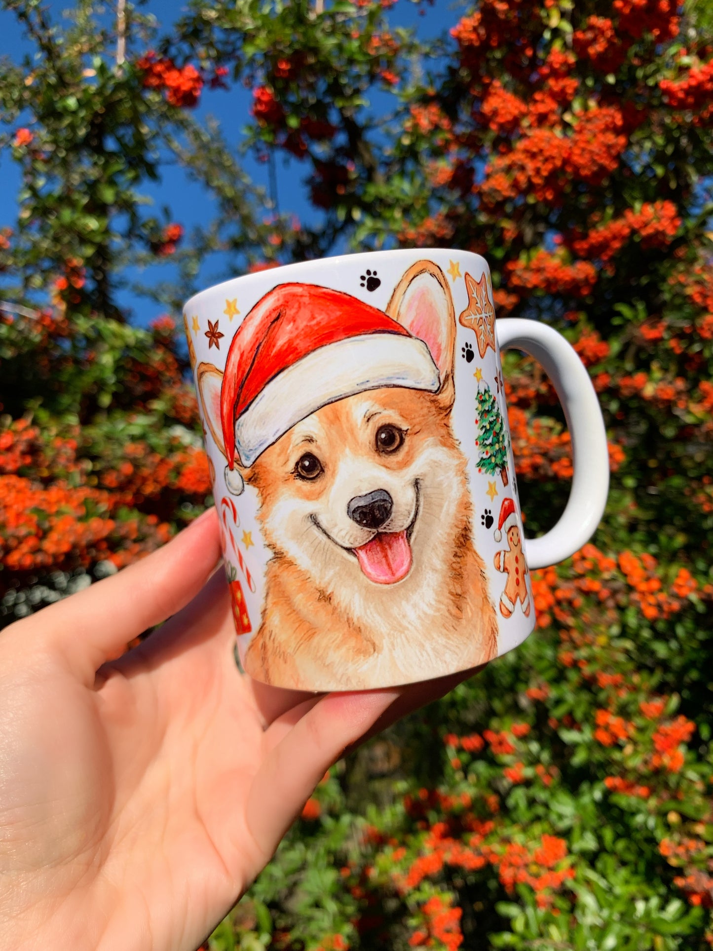 Karácsonyi Corgi kutya bögre - Kézzel festett Corgi kutya és karácsonyi mintával