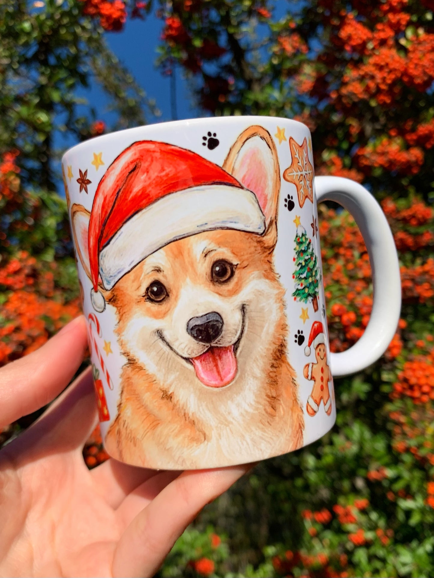 Karácsonyi Corgi kutya bögre - Kézzel festett Corgi kutya és karácsonyi mintával