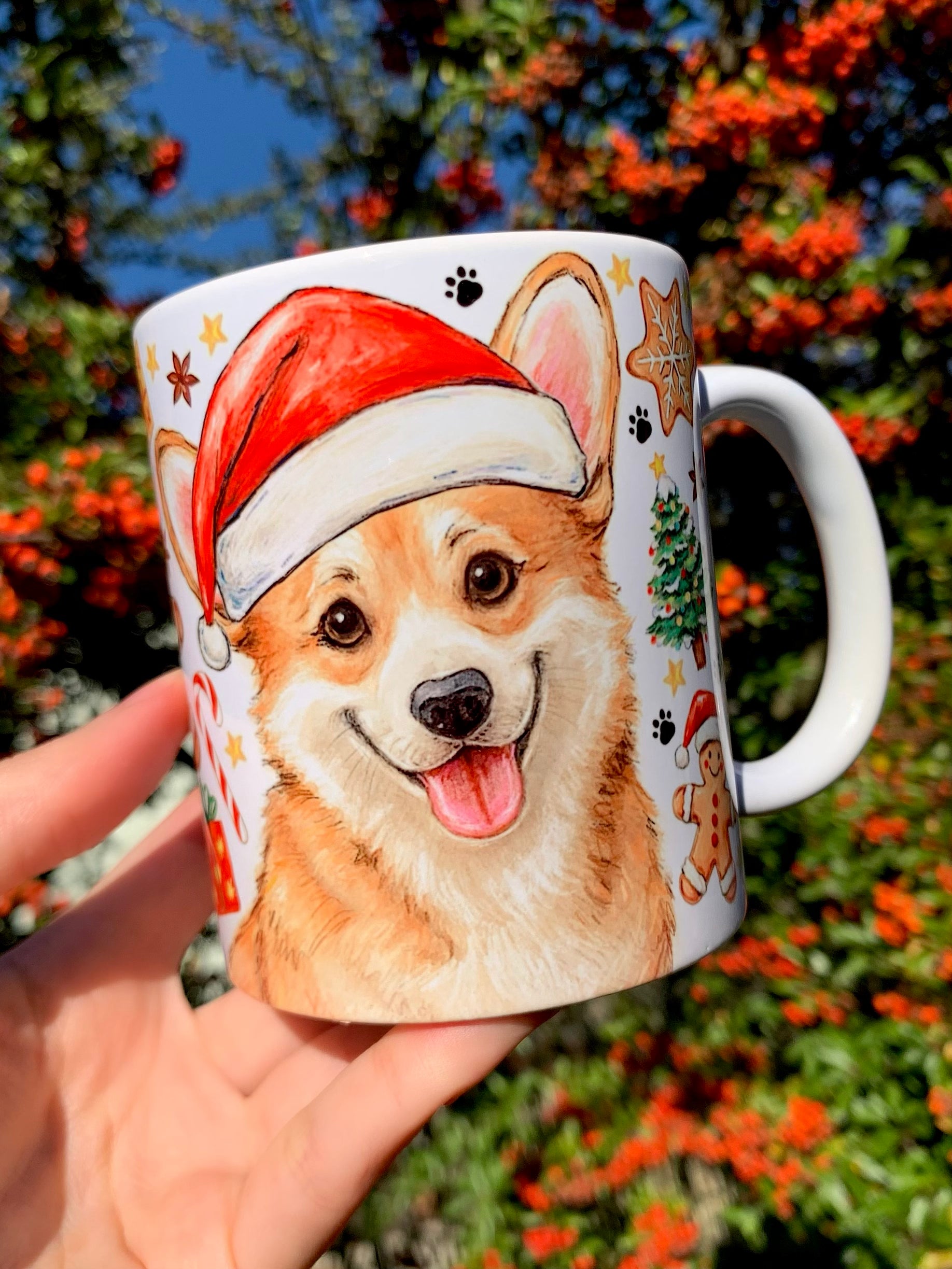 Prémium minőségű kutyás bögre, magyar kézműves Corgi illusztrációval és karácsonyi mézeskalács motívumokkal – tökéletes ajándék Corgi gazdiknak.