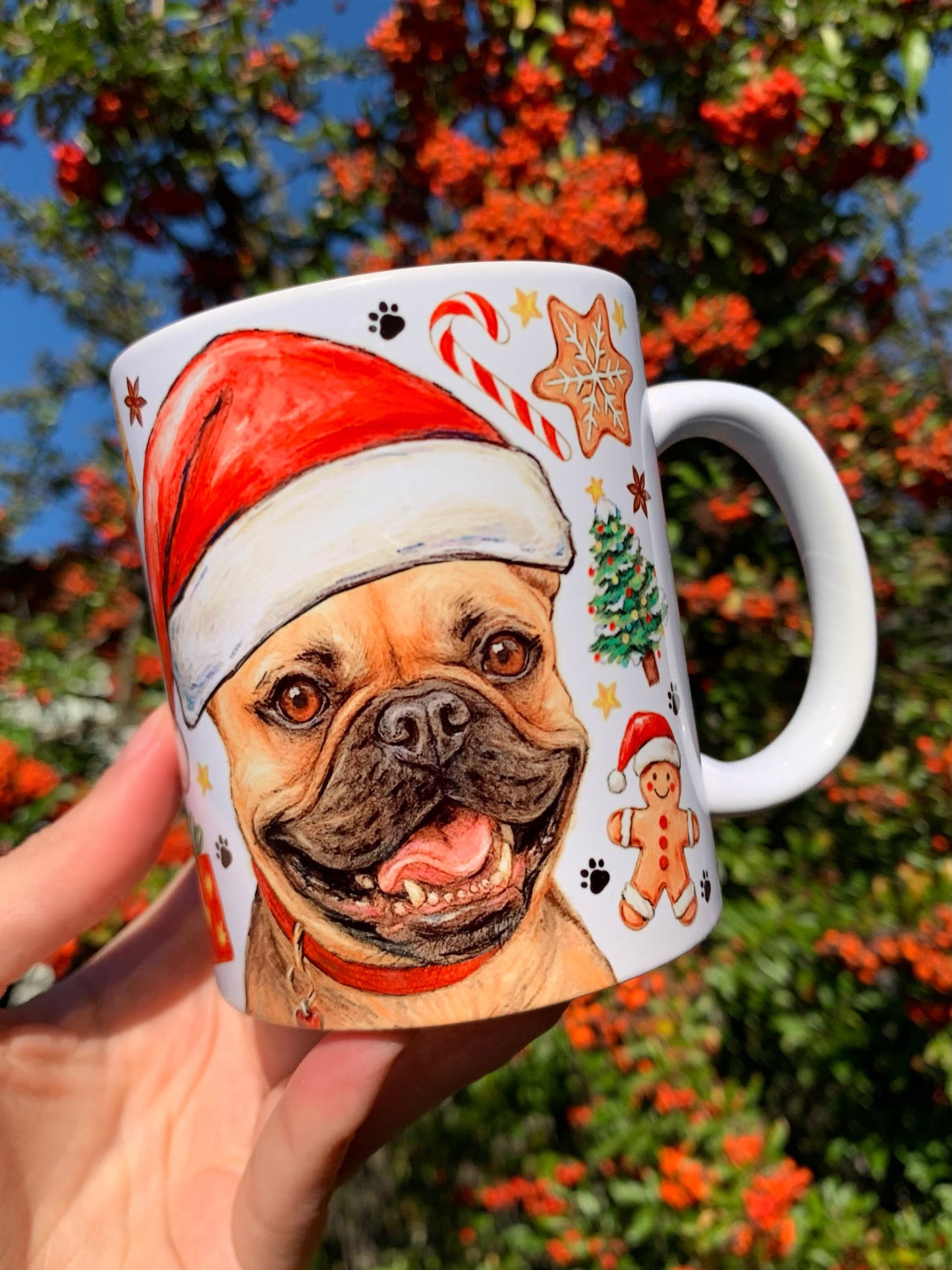 Karácsonyi Francia bulldog bögre - Kézzel festett Francia buci kutya és karácsonyi mintával