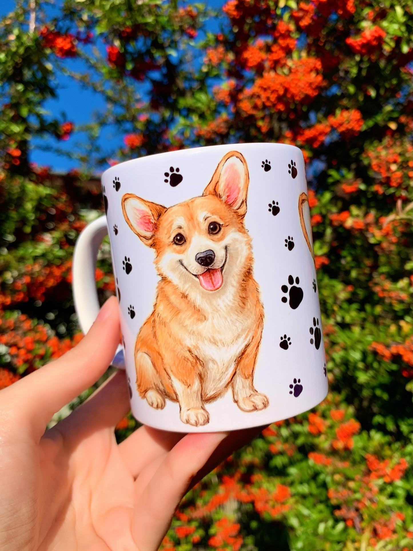 Corgi kutya bögre - Kézzel festett Corgi kutya és mancs mintával