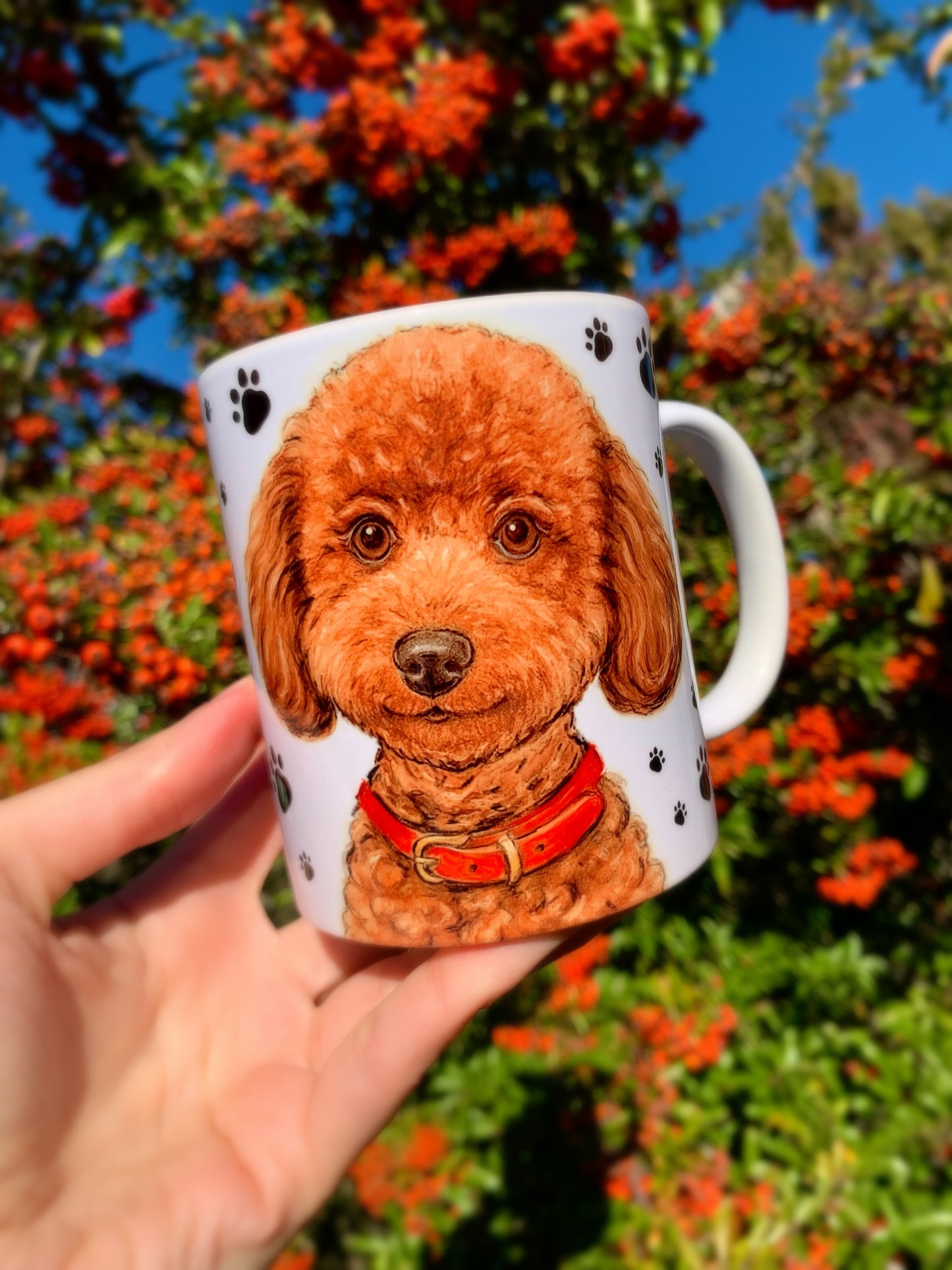 Toy Poodle illusztrációval díszített kerámia bögre fekete mancsos háttérrel, részletgazdag akvarell stílusú kutyaportréval.