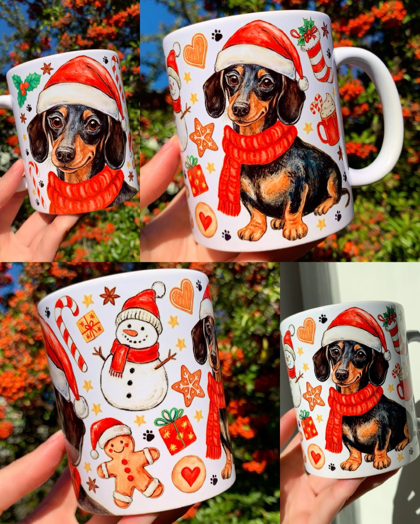 Karácsonyi mintás tacskós bögre mikulássapkás kutyus grafikával. A bögrét kézzel rajzolt ünnepi motívumok díszítik. Hangulatos karácsonyi ajándék minden tacskóimádónak.