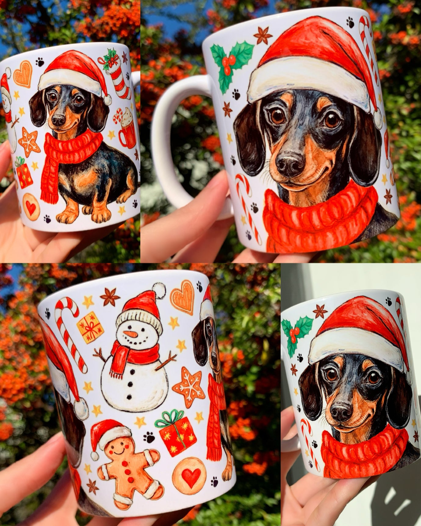 Karácsonyi kutyás bögre kézzel rajzolt és festett cser tacskó grafikával, mikulássapkában, apró mézeskalács figurákkal, harangokkal és klasszikus karácsonyi motívumokkal gazdagon díszítve. A bögrén Pusztai Juci iparművész akvarelles, meleg tónusú tacskó illusztrációja látható, amely ülő és portré nézetben is megjelenik, így igazán különleges, egyedi kézműves ajándék válik belőle. Tökéletes karácsonyi meglepetés tacskó gazdiknak és minden kutyabarát kávéimádónak.