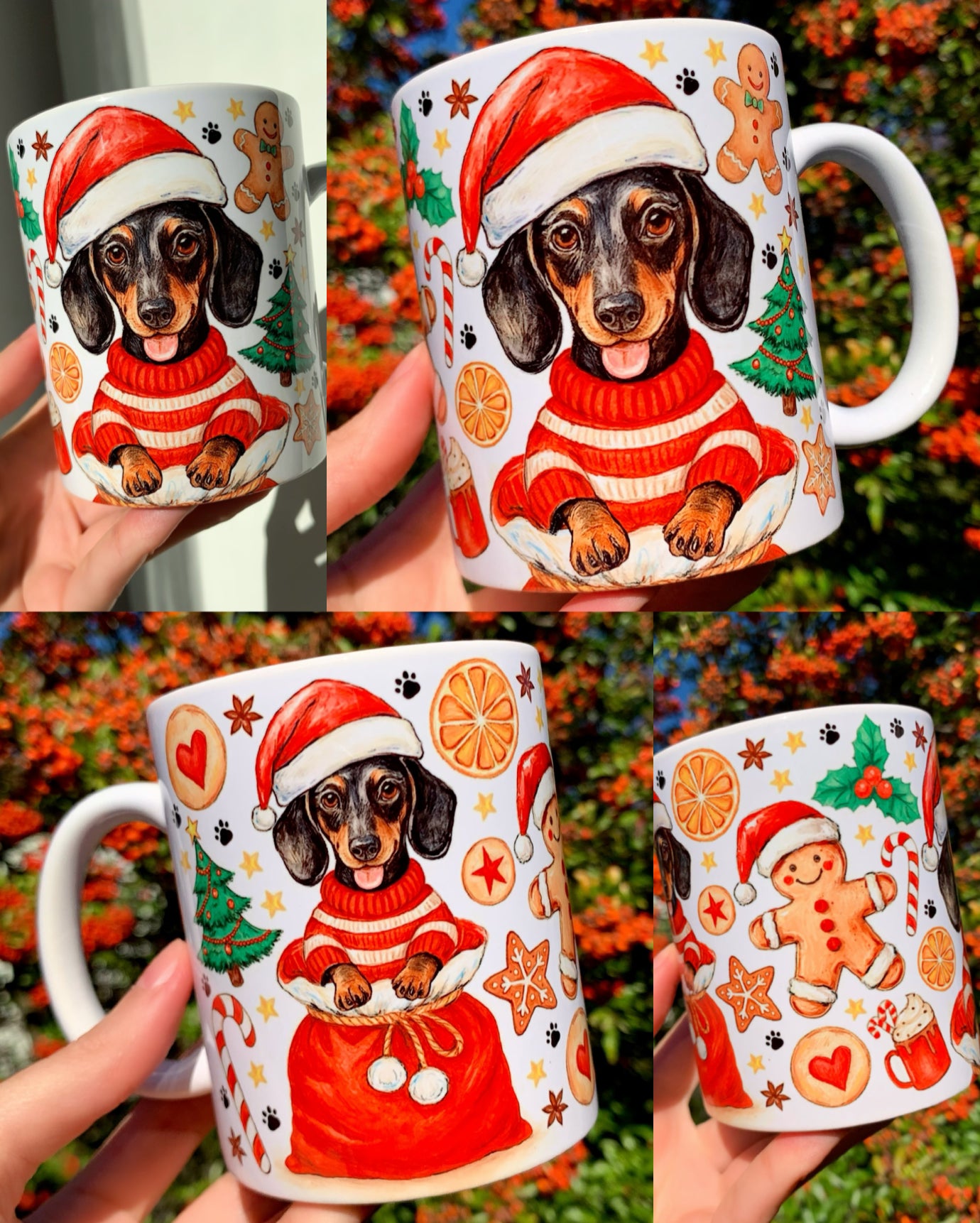 Prémium tacskós kerámia bögre kézzel készült, akvarelles tacskó illusztrációval, finom árnyékolással és élénk karácsonyi színekkel. A grafika kézműves hatású, organikus ceruzavonalakkal. Tökéletes karácsonyi ajándék kutyát kedvelőknek.