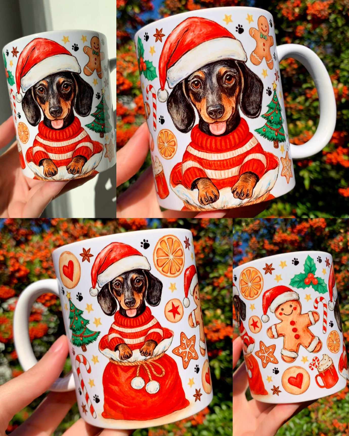 Részletgazdag, kézműves stílusú karácsonyi kerámia bögre tacskó mintával, látható ceruza textúrákkal és akvarellfestéses színátmenetekkel. A kutyát ünnepi motívumok, piros masni, fenyődíszek és lágy karácsonyi színvilág veszik körül, prémium ajándékként kutyabarátoknak.