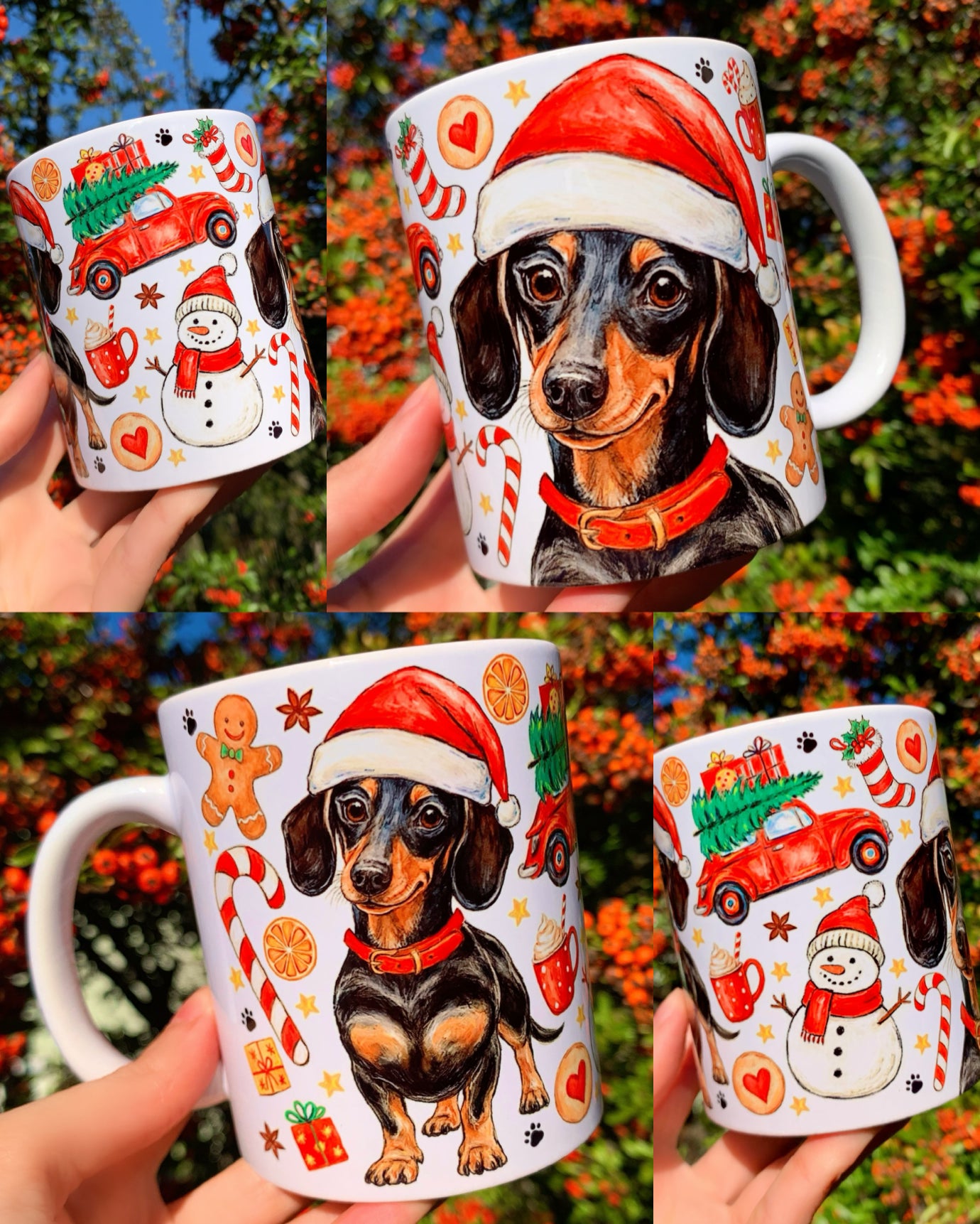 Karácsonyi témájú kerámia bögre művészien megrajzolt és akvarellel festett tacskó mintával, piros nyakörvvel és ünnepi színekkel. A kézzel készült illusztráció természetes ceruzavonalakkal, meleg akvarellfoltokkal és gazdagon kidolgozott karácsonyi dekorokkal – mézeskaláccsal, cukorpálcával, harangokkal és fenyőággal – díszíti a bögrét. Egyedi, kézműves hatású design, amely tökéletes választás kutyás szeretteidnek az ünnepekre.