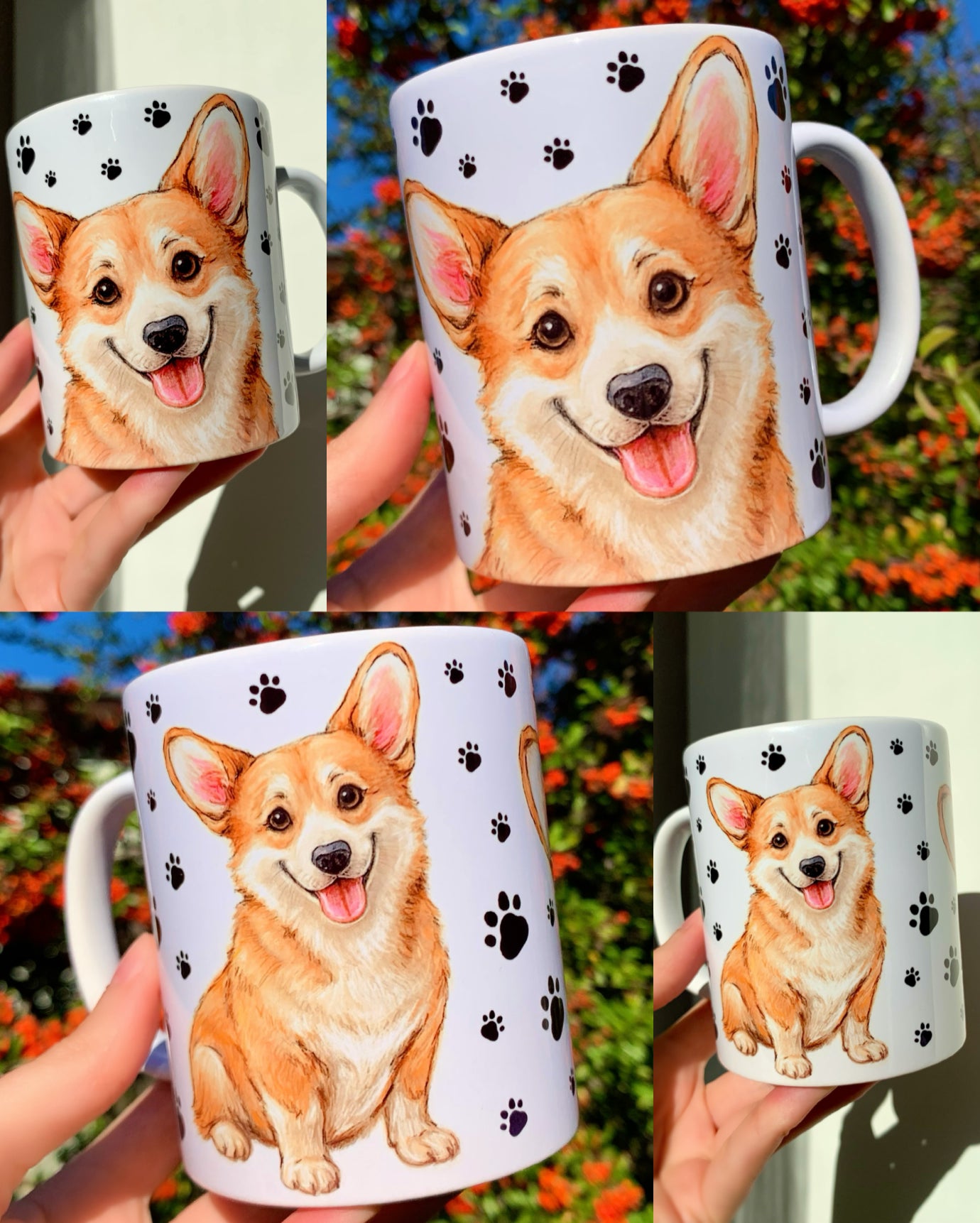 Corgi kutyás bögre mancsos mintával, kézzel rajzolt és akvarellfestett részletekkel. A bögrét egy mosolygó világosbarna-fehér Corgi portré és egy bájosan álló Corgi kutyus díszíti. Egyedi kézműves ajándék kutyabarátoknak.