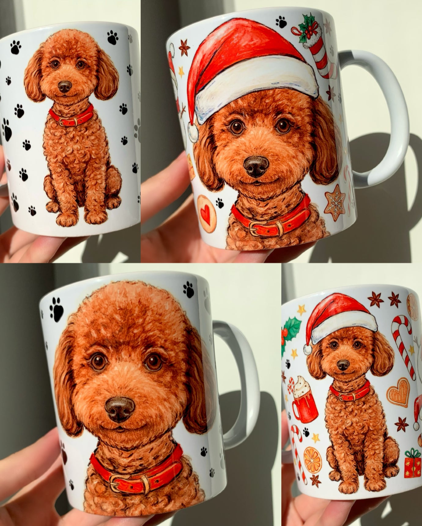 Toy Poodle kutyás kerámia bögre fekete mancs mintákkal díszítve, kézzel rajzolt és akvarellel festett barna, göndör bundájú uszkár illusztrációval. Pusztai Judit iparművész egyedi, kézműves grafikája teljes paláston jelenik meg: a bögre egyik oldalán kedvesen mosolygó Toy Poodle portré, a másikon egész alakos ülő kutyus piros nyakörvvel. Prémium mázas fehér kerámia, tartós nyomtatás, tökéletes ajándék Toy Poodle, Maltipoo, Cavapoo vagy Cockapoo gazdiknak