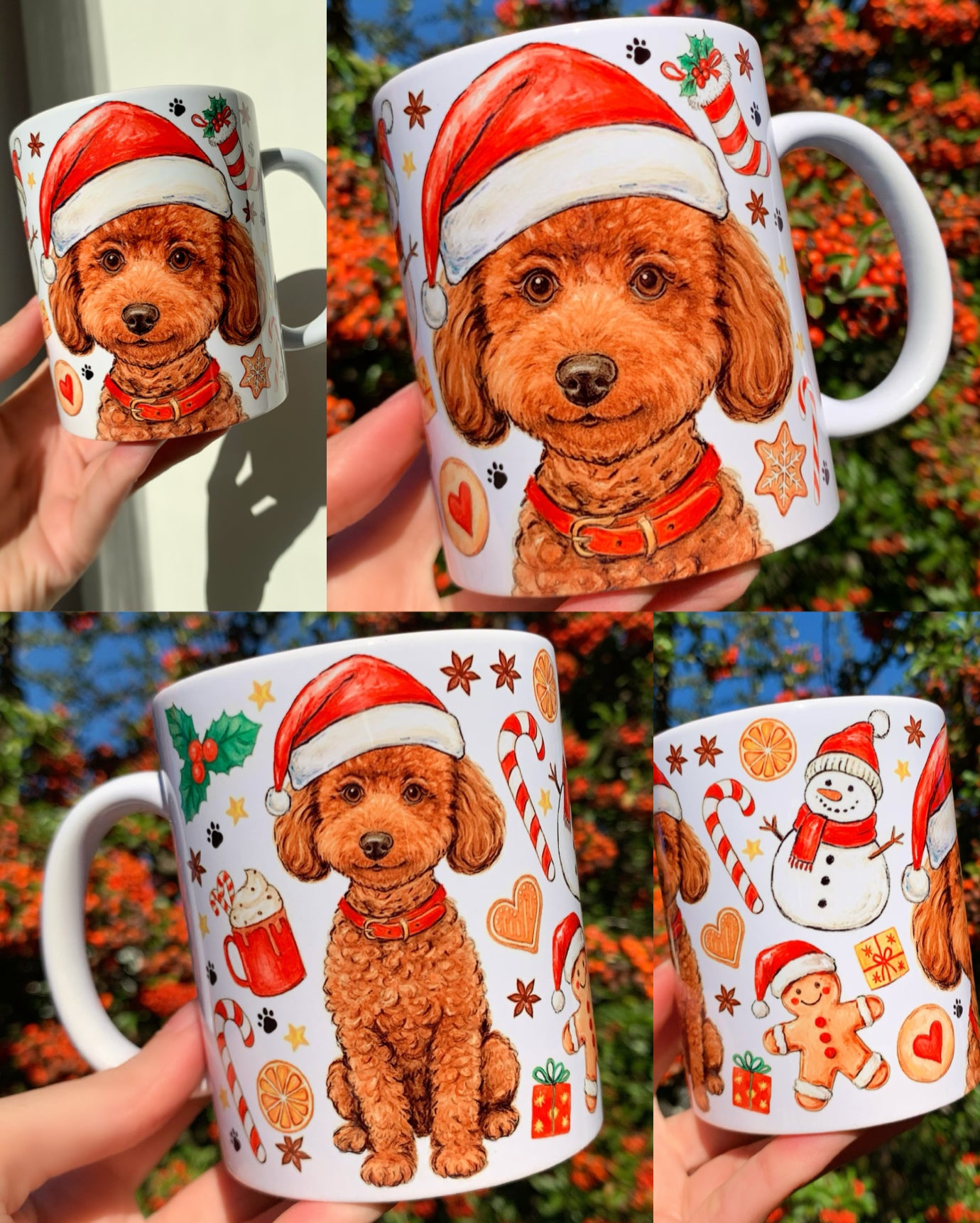 Barna Toy Poodle kutyát ábrázoló kézműves karácsonyi kerámia bögre. Ha te is Toy Poodle gazdi vagy, esetleg Maltipoo vagy Cavapoo kutyusod van akkor ez a bögre tökéletes számodra. Ha kutyás szeretteidnek keresel különleges ajándékot, akkor ez a karácsonyi és kutyás mintás kerámia bögre tökéletes választás Neked!  aprólékosan megfestett ünnepi hátterekkel: mézeskalács figurák, piros-zöld karácsonyi motívumok és finom akvarell részletek. Egyedi kutyás ajándék toy uszkár rajongóknak és gazdiknak.