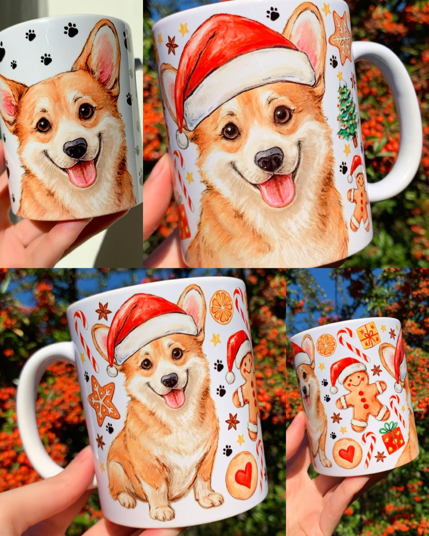 Mosolygó Corgi mintás kerámia bögre apró fekete mancs nyomokkal és akvarell árnyalatokkal. Pusztai Juci kézzel festett kutyás grafikája teszi különlegesen egyedivé ezt a prémium kézműves bögrét.