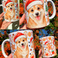 Egyedi corgi kutyás karácsonyi kerámia bögre, akvarell technikával festett corgi arccal és részletgazdag ünnepi grafikákkal – ajándék kutyás gazdiknak.