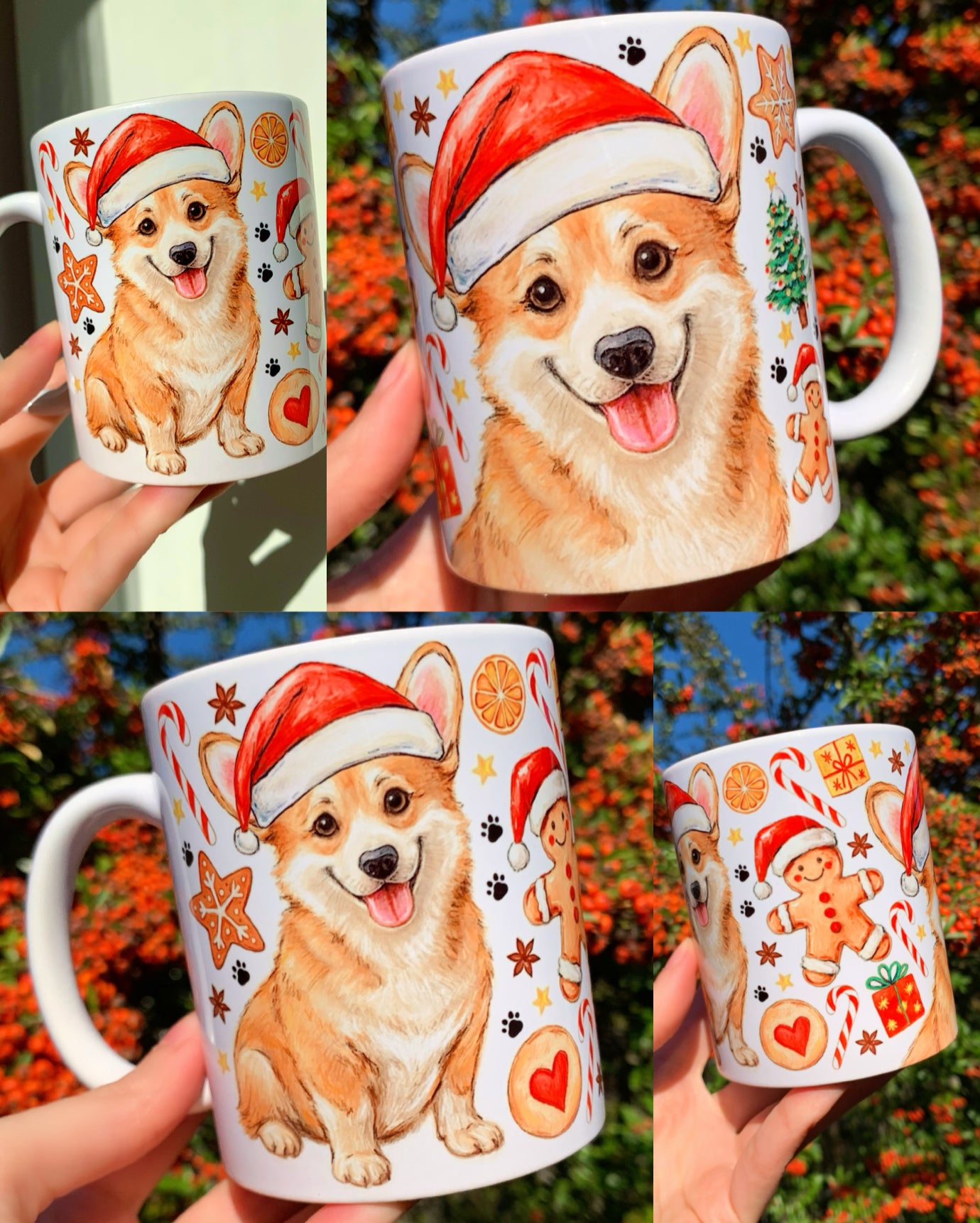 Egyedi corgi kutyás karácsonyi kerámia bögre, akvarell technikával festett corgi arccal és részletgazdag ünnepi grafikákkal – ajándék kutyás gazdiknak.