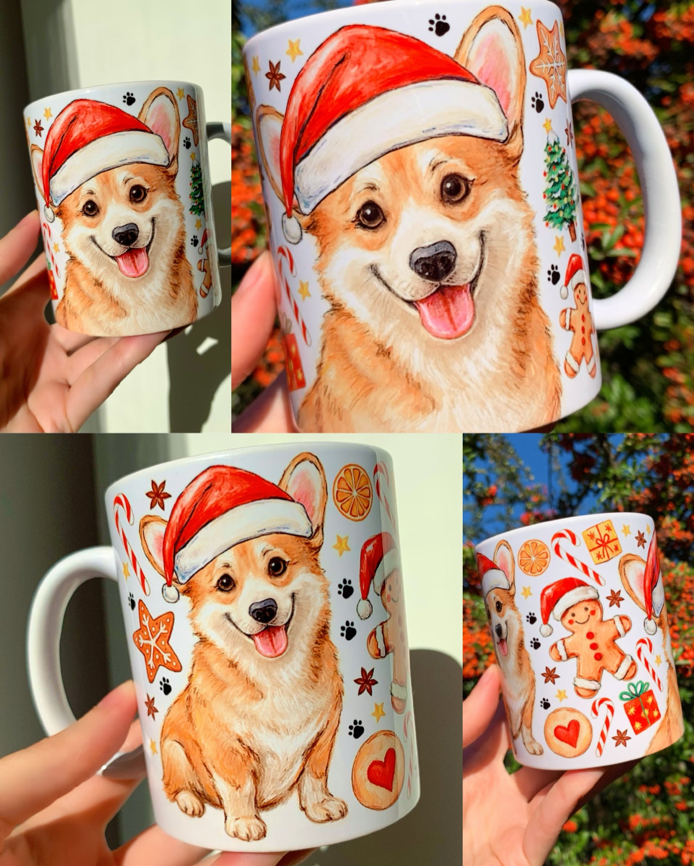 Karácsonyi Corgi kutyás bögre, kézzel festett világosbarna Corgi portréval, apró mézeskalács és karácsonyi díszítésekkel, prémium magyar kézműves bögrén.Prémium kézműves “corgi ajándék gazdiknak” – tökéletes kutyás karácsonyi ajándék ötlet.