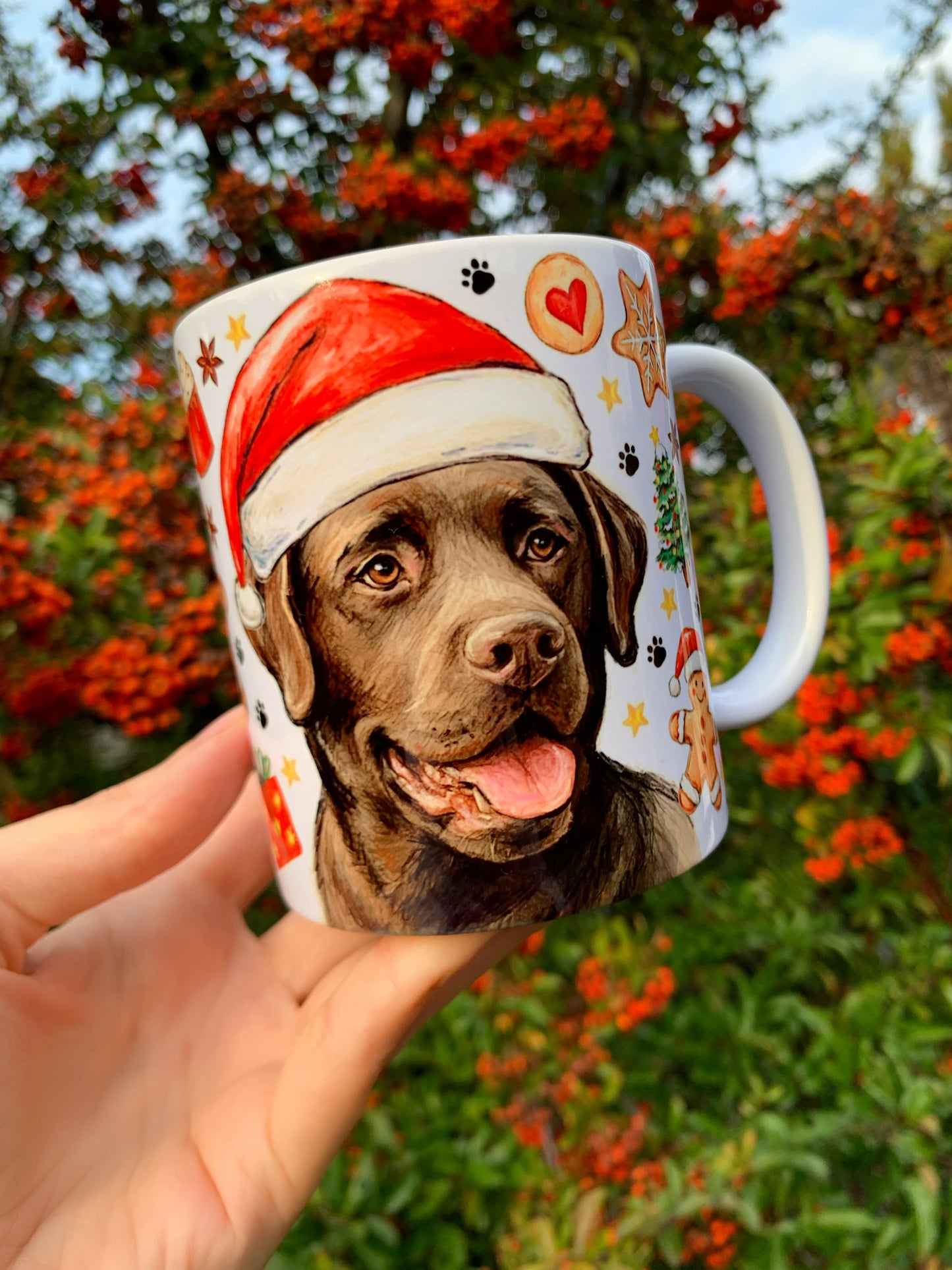 Karácsonyi Labrador bögre - Kézzel festett Labrador kutya és karácsonyi mintával