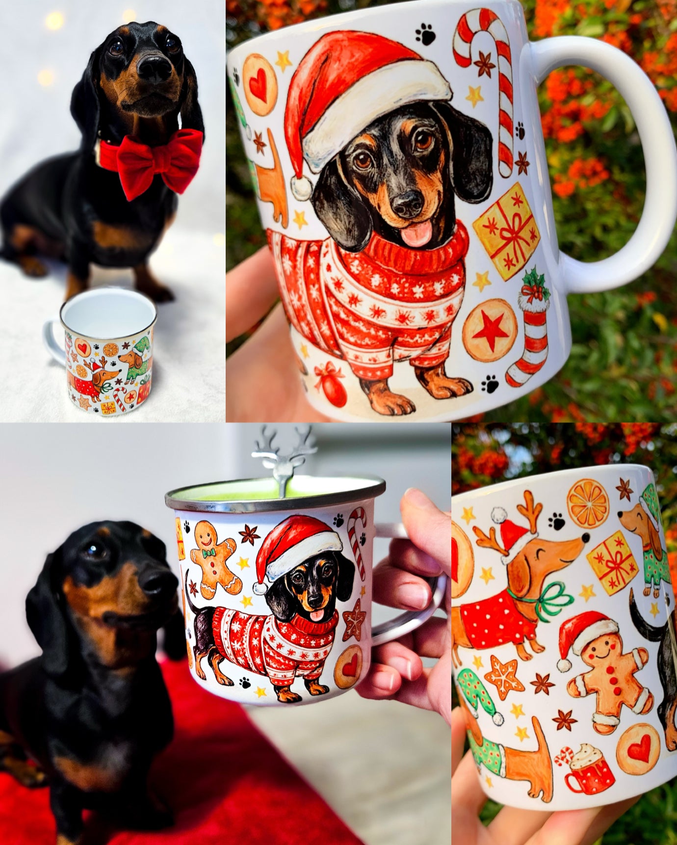 Kézzel rajzolt karácsonyi tacskó minta bögrén, akvarell festéssel és látható grafitceruza vonalakkal. A mintán téli ruhás tacskók, Mikulás-sapkák, mézeskalácsok és ünnepi karácsonyi motívumok láthatók. Tacskós karácsonyi bögre különleges ajándéknak kutyabarátoknak.